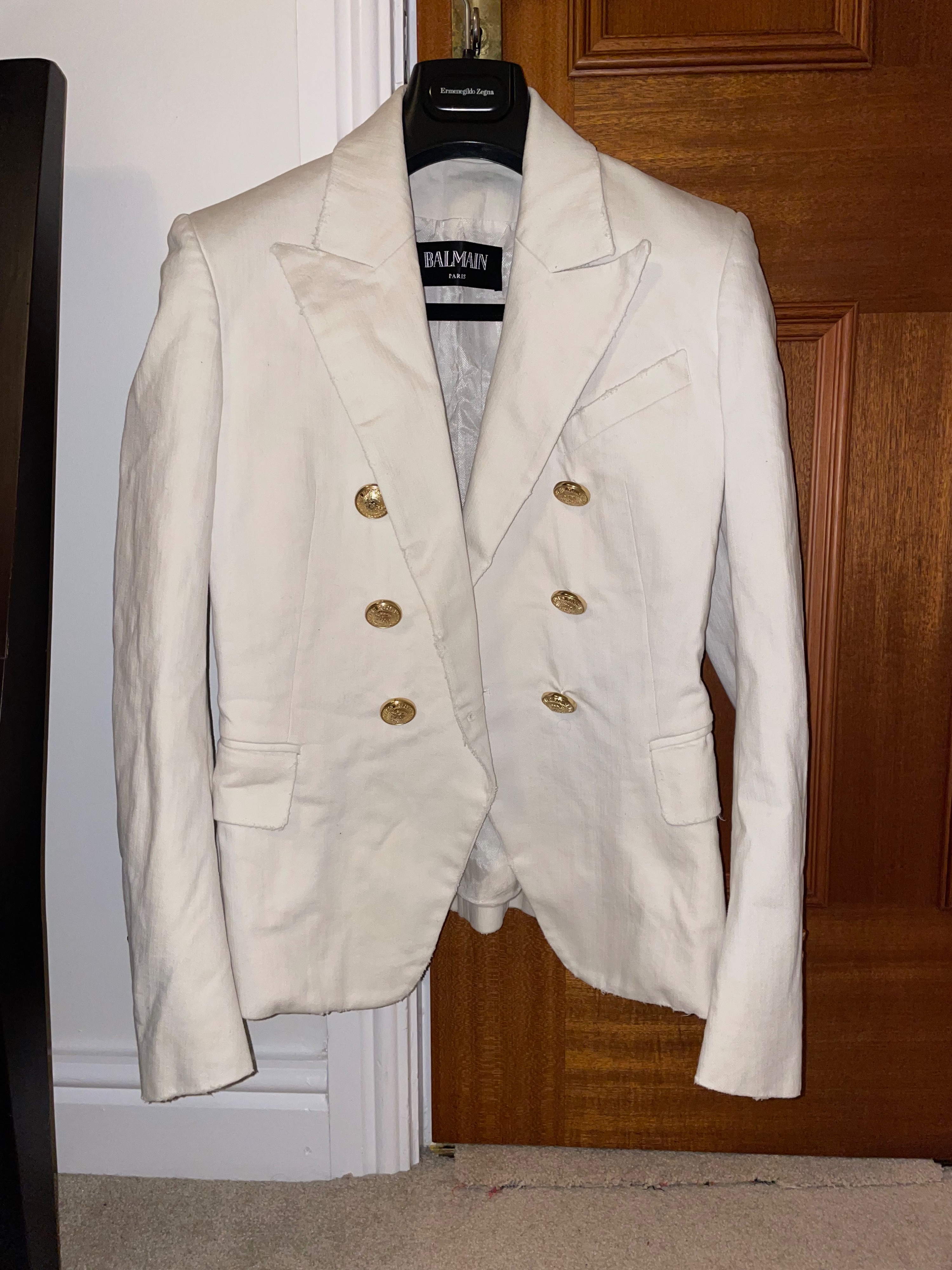 Preowned Balmain Off White Distressed Denim Blazer Size 36