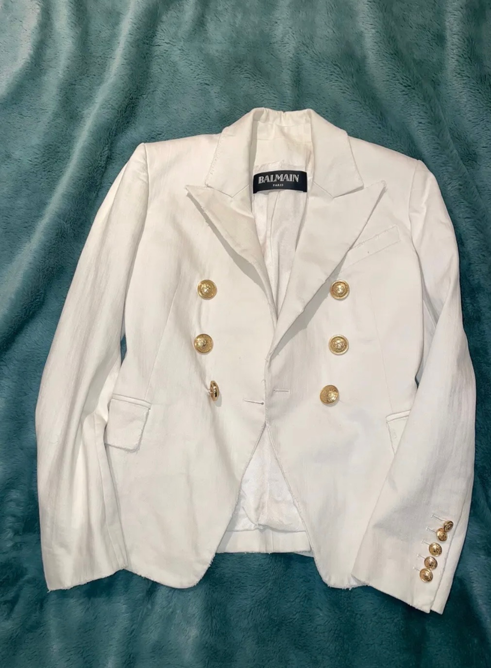 Preowned Balmain Off White Distressed Denim Blazer Size 36