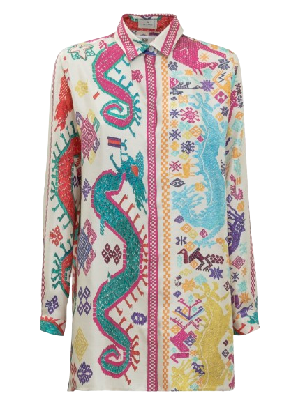 Etro Multicoloured Dragon Print Silk Shirt Size L Multi