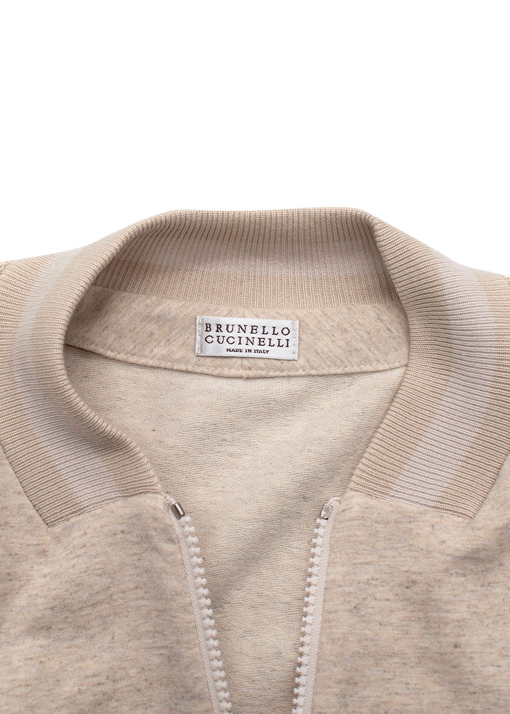 Preowned Brunello Cucinelli Beige Knit Sleeve Jersey Bomber Jacket Size M cotton/elastane