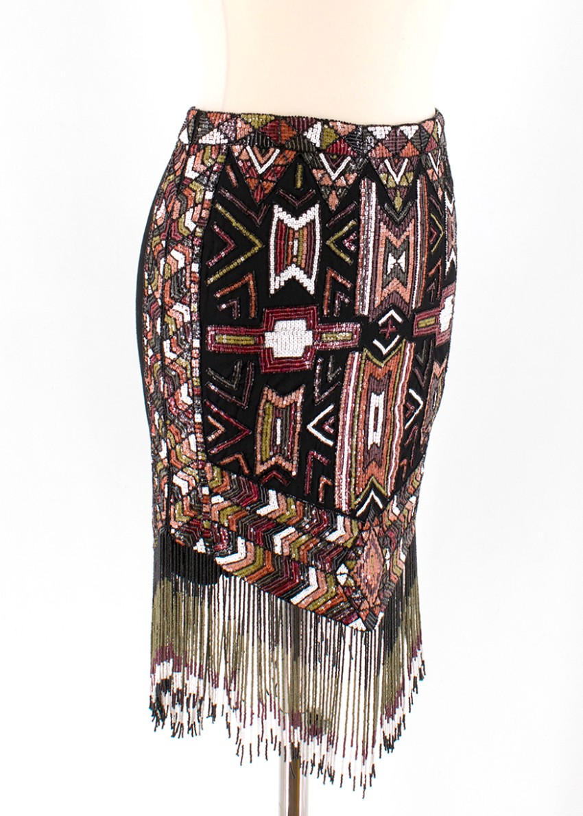 Haute Hippie Aztec Beaded Fringed Skirt Size XXS Multi-Coloured / Stripes cotton