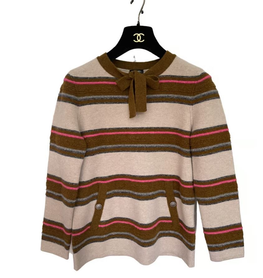 Chanel Runway Cashmere  Wool Striped Jumper Size M Tan cashmere wool