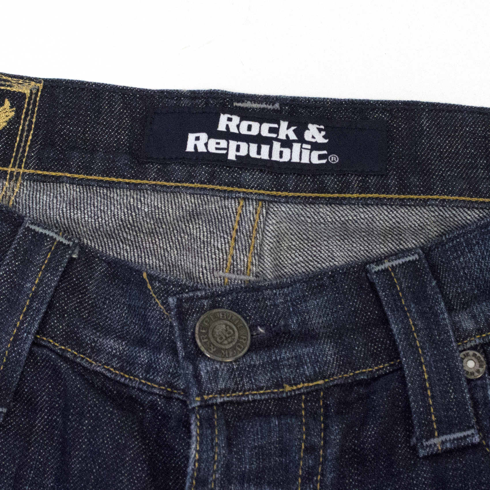 Preowned Rock  Republic Dark Denim Straight Leg Jeans With Gold Detail Size 34/86 Blue cotton