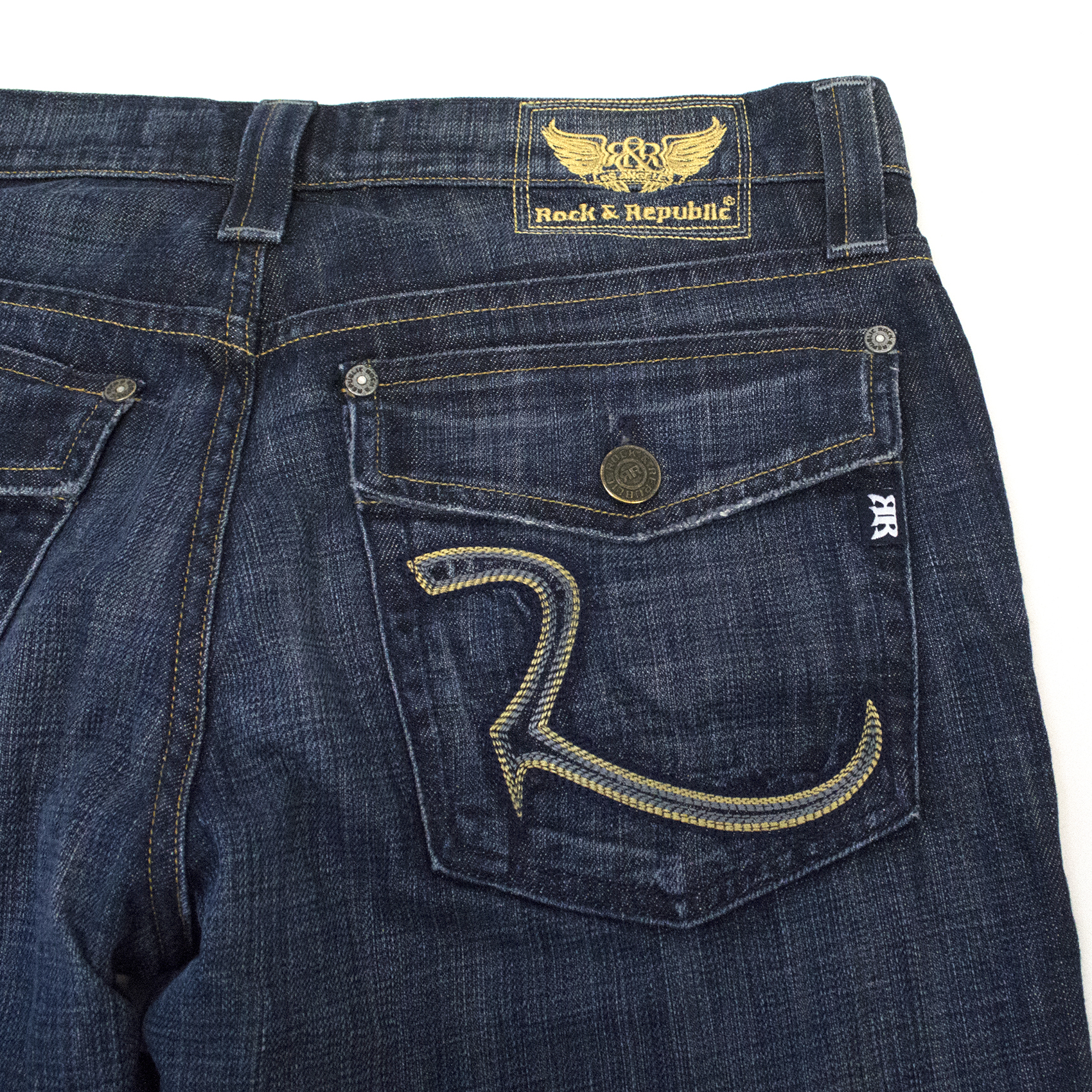 Preowned Rock  Republic Dark Denim Straight Leg Jeans With Gold Detail Size 34/86 Blue cotton