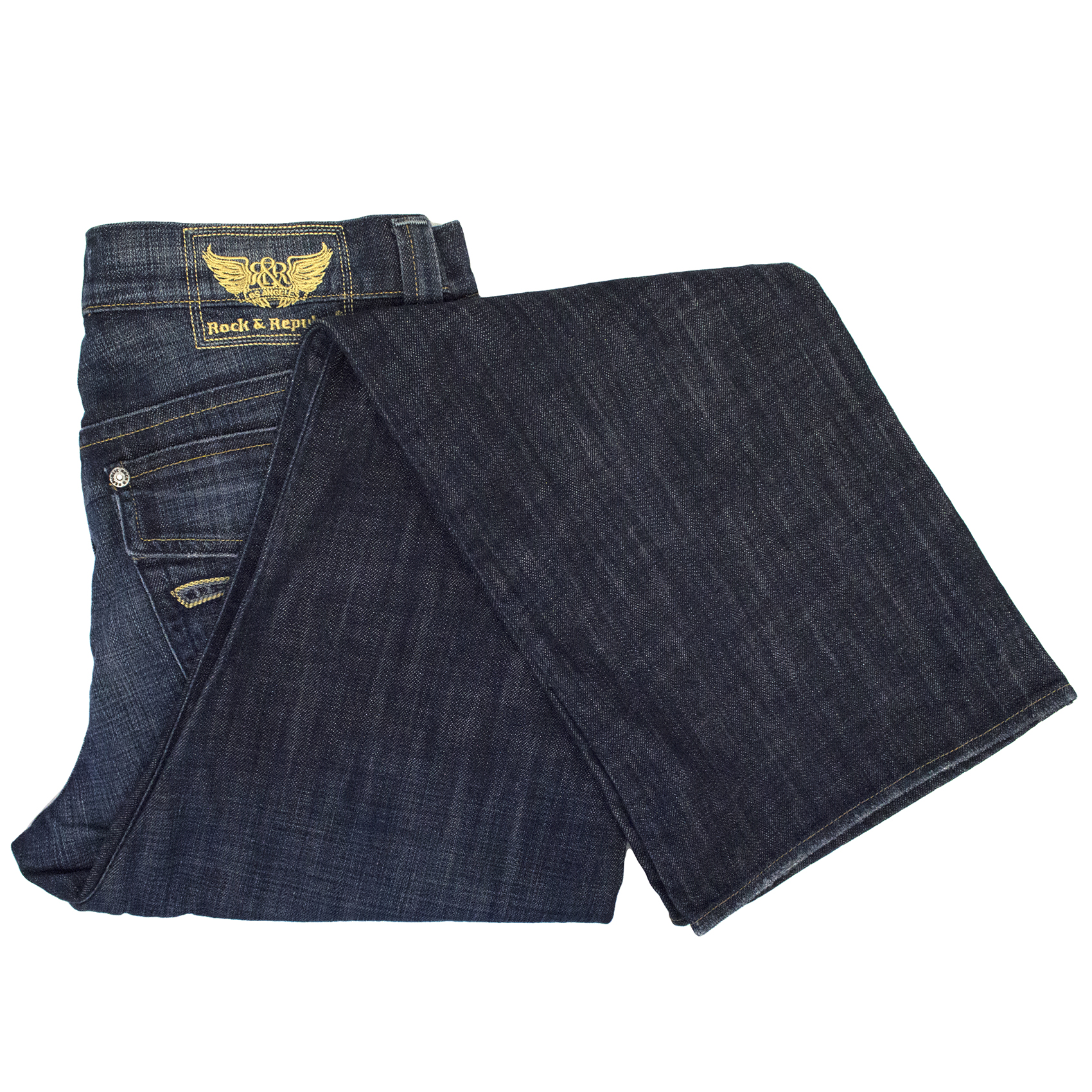 Preowned Rock  Republic Dark Denim Straight Leg Jeans With Gold Detail Size 34/86 Blue cotton