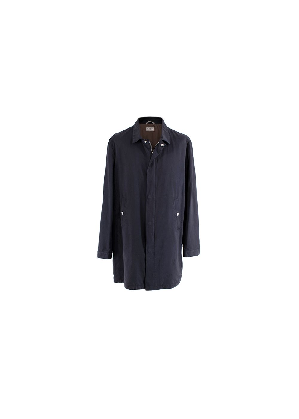 Men's Preowned Brunello Cucinelli Navy Cotton Gabardine Car Coat Size XXL