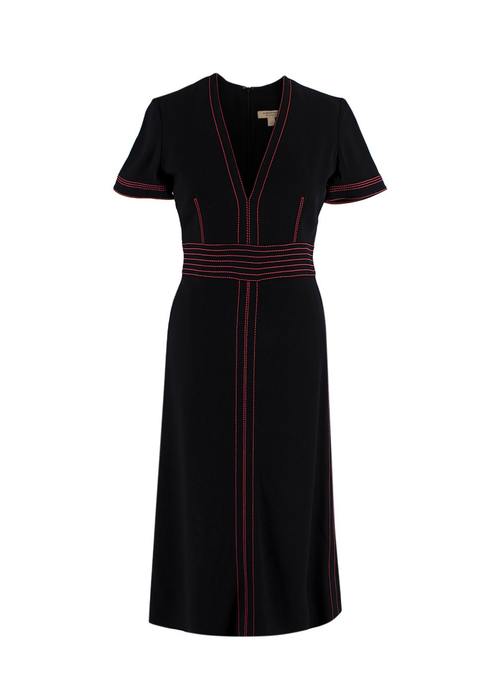 Preowned Burberry Benni Contrast Top Stitched Midi Dress Size XXS Black Pink stitching viscose