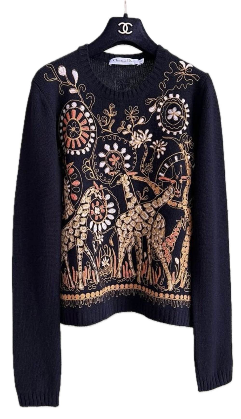 Preowned Dior Black Cashmere Giraffe Embroidered Jumper Size S