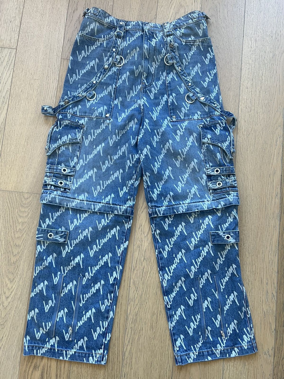 Balenciaga Raver Denim All Over Logo Size 30 in Blue, Men's