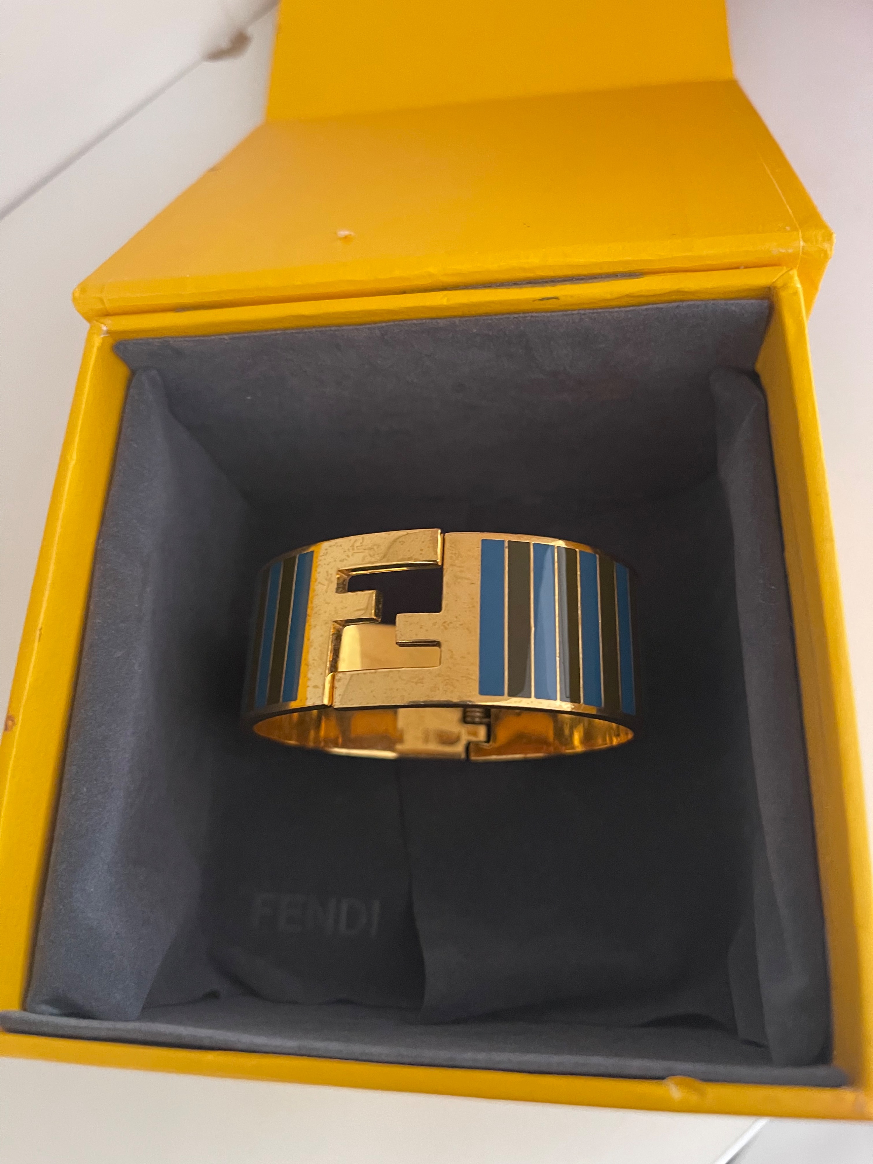 Preowned Fendi Purple  blue striped enamel  gold-tone metal FF bangle Size M Gold and blue