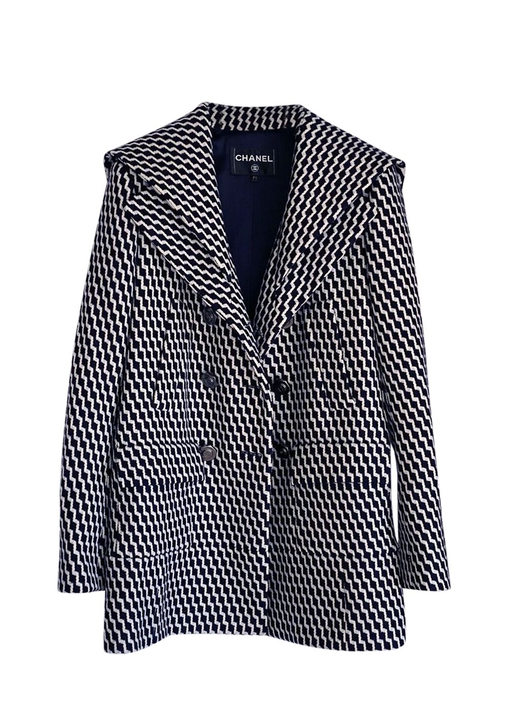 Preowned Chanel Black and White Short Coat Size L Black/navy and white wool see pic