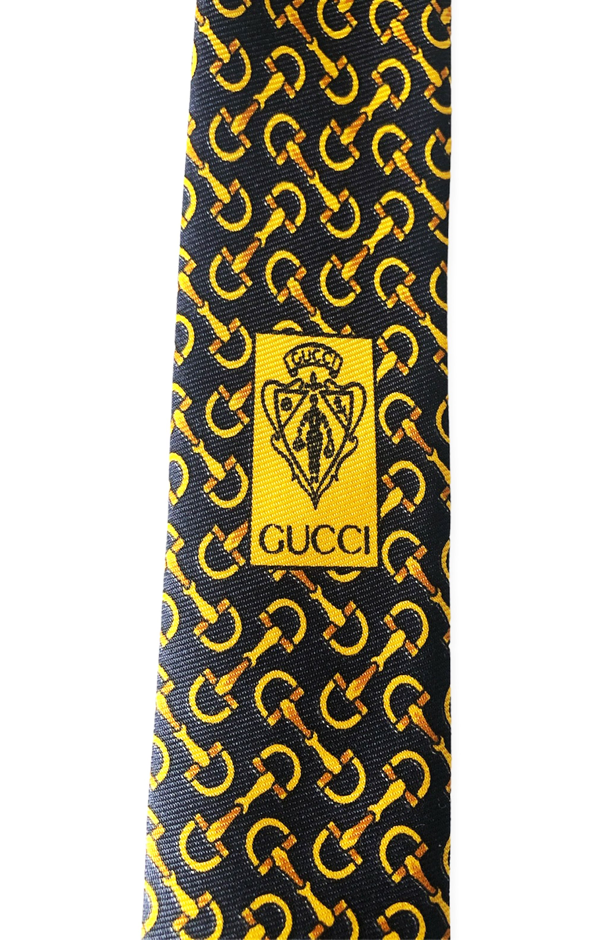 Men's Gucci Blue  Yellow Stirrup Print Silk Tie blue/yellow gold