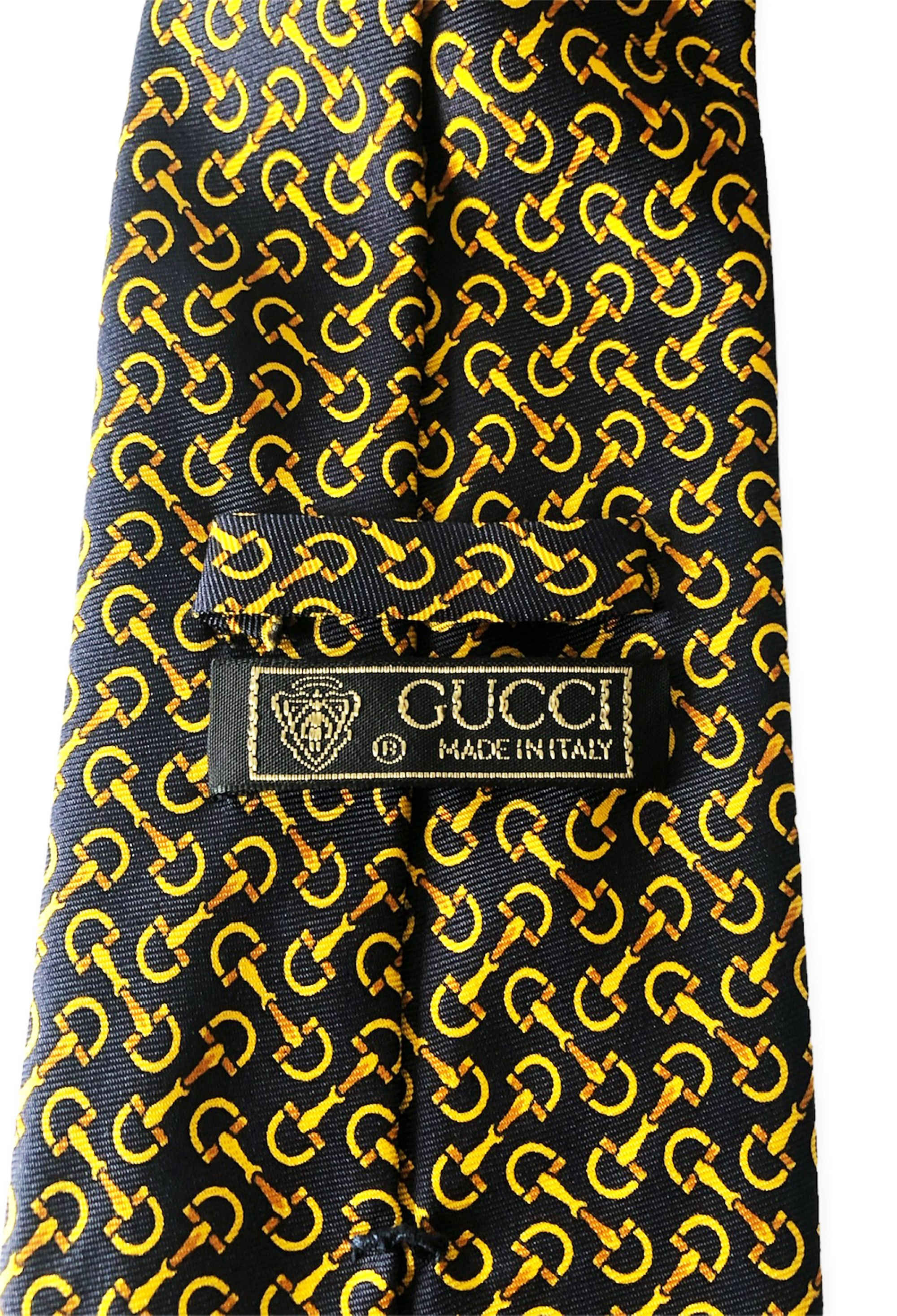 Men's Gucci Blue  Yellow Stirrup Print Silk Tie blue/yellow gold