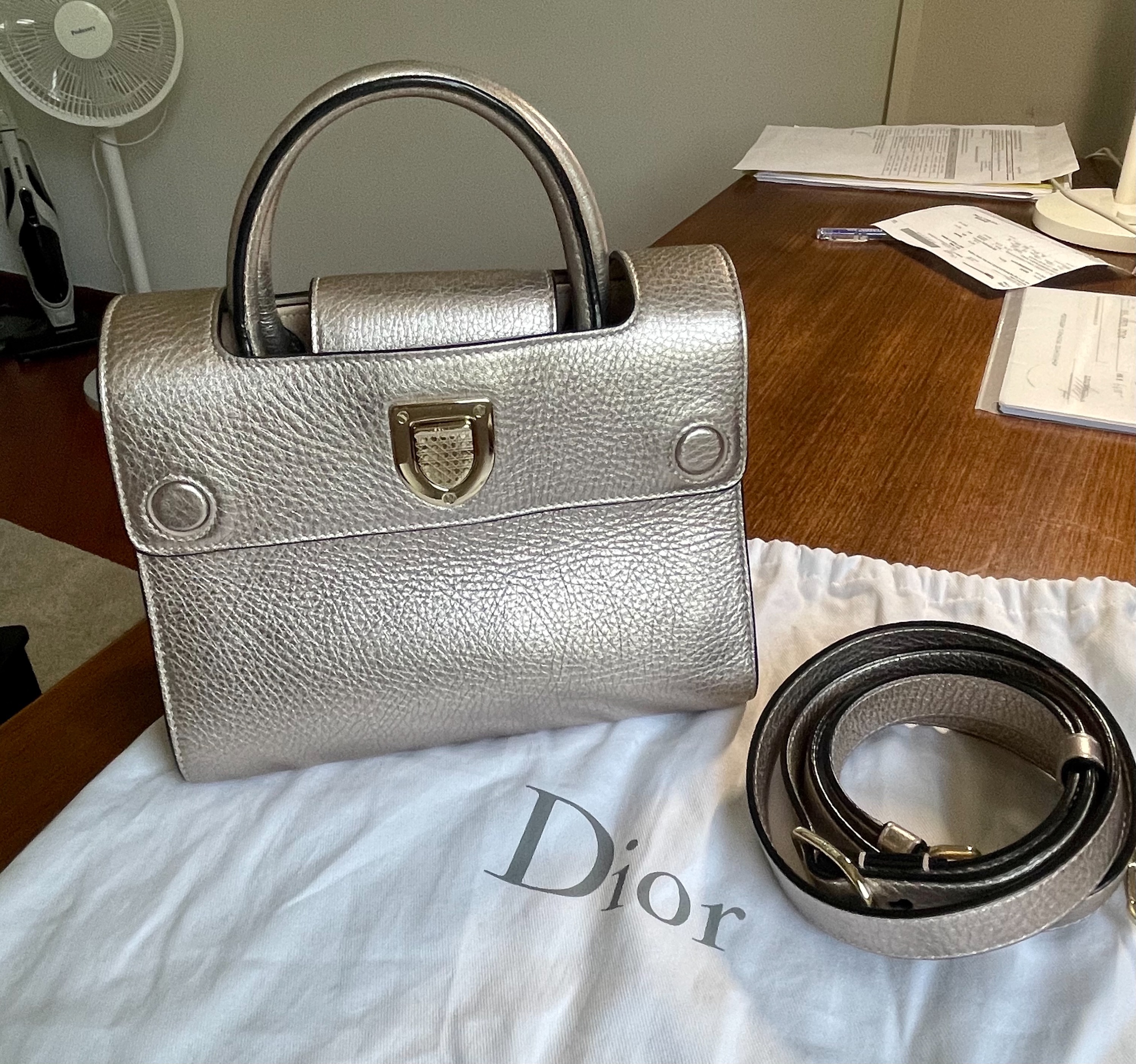 Preowned Silver Grained Leather Mini Diorama Bag