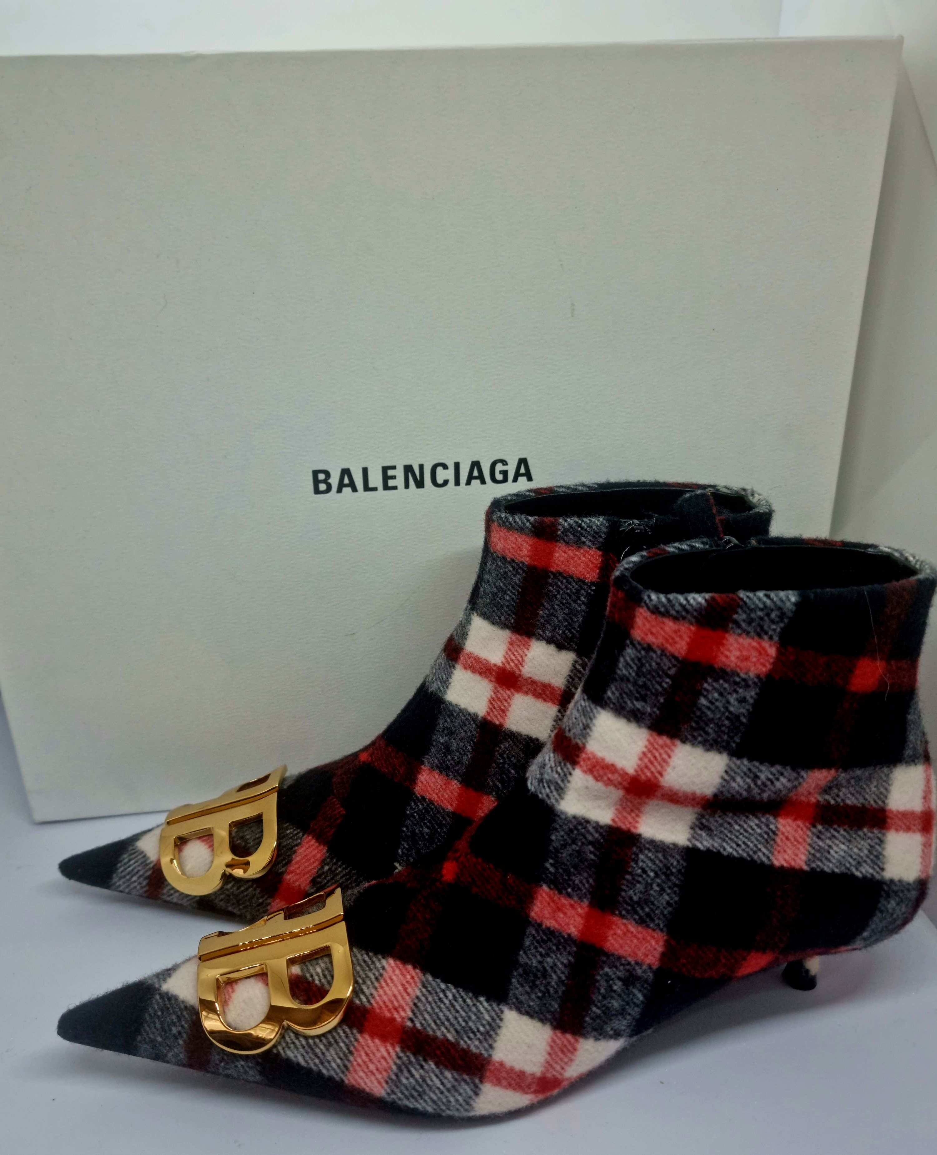 Preowned Balenciaga Checked Wool Knife Ankle Boots Size 37 Multicolour