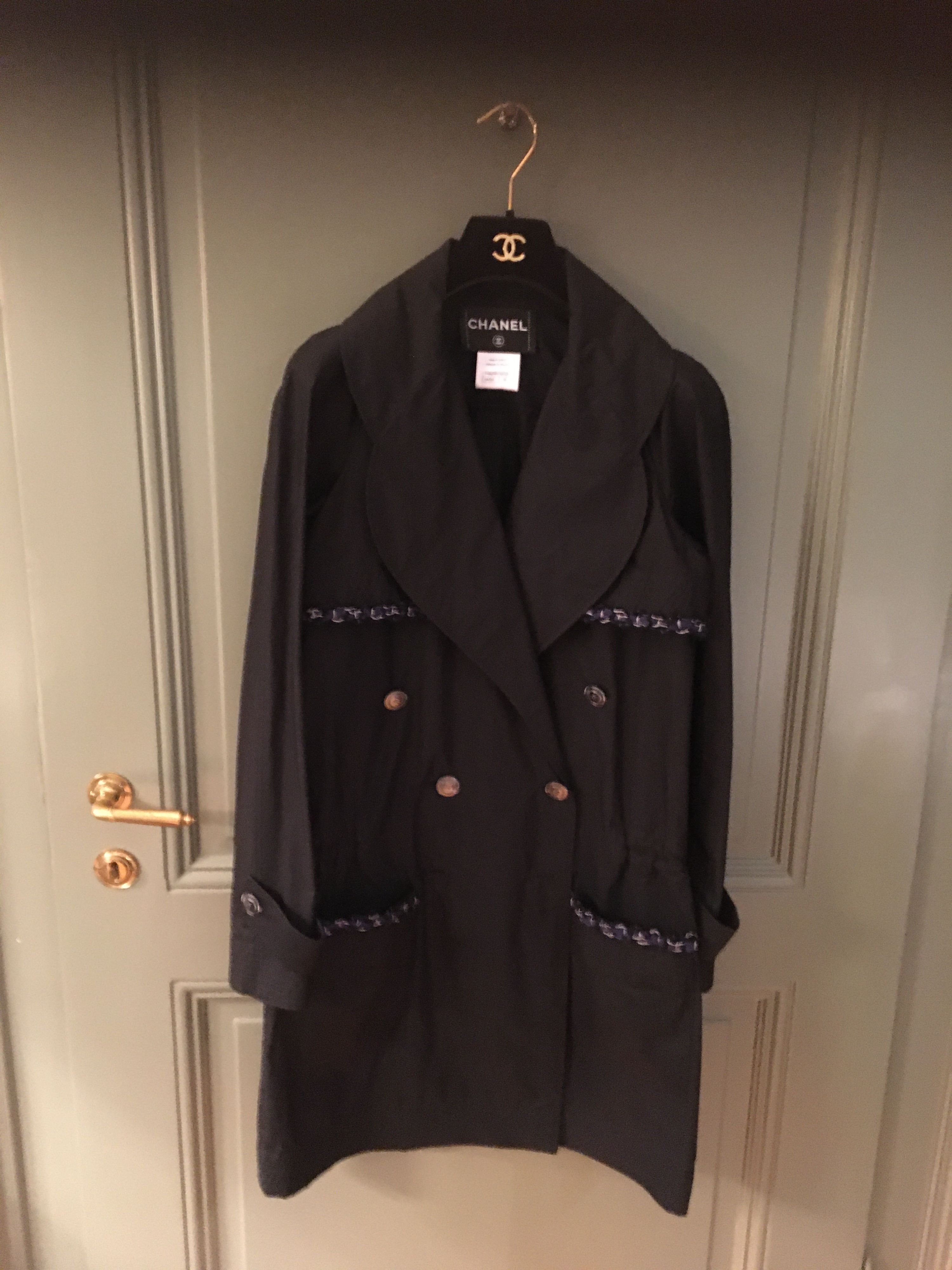 Preowned Chanel Black Tweed Trimmed Raincoat Size S