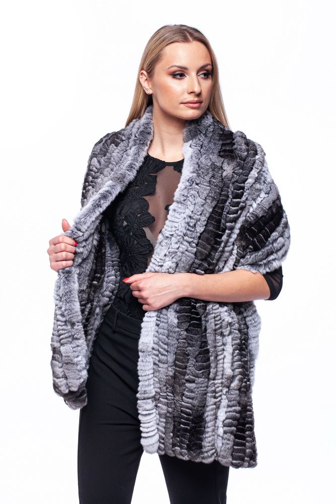 FurbySD Hand Knitted Chinchilla Fur Stole Black, White, Grey