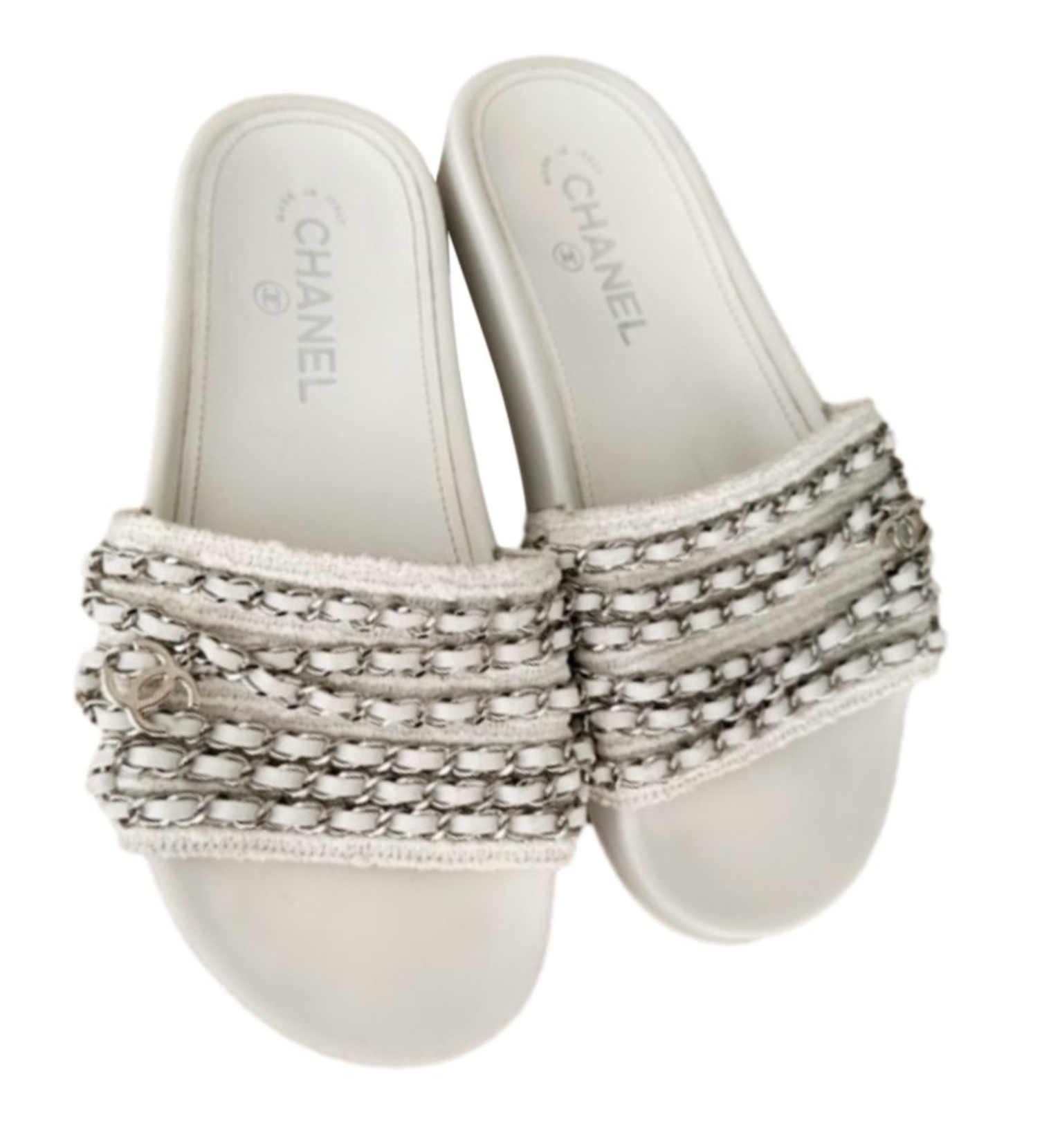 Preowned Chanel White  Silver CC Chain Slides Size 38 white and silver leather/cotton