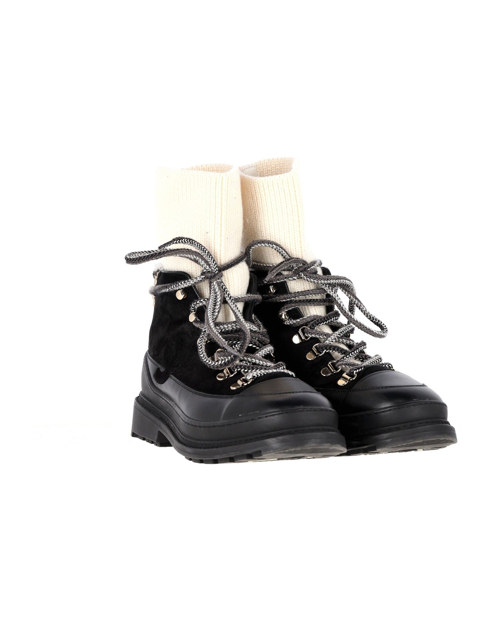 Preowned Chanel Black Suede and Leather Combat Boots Size 375