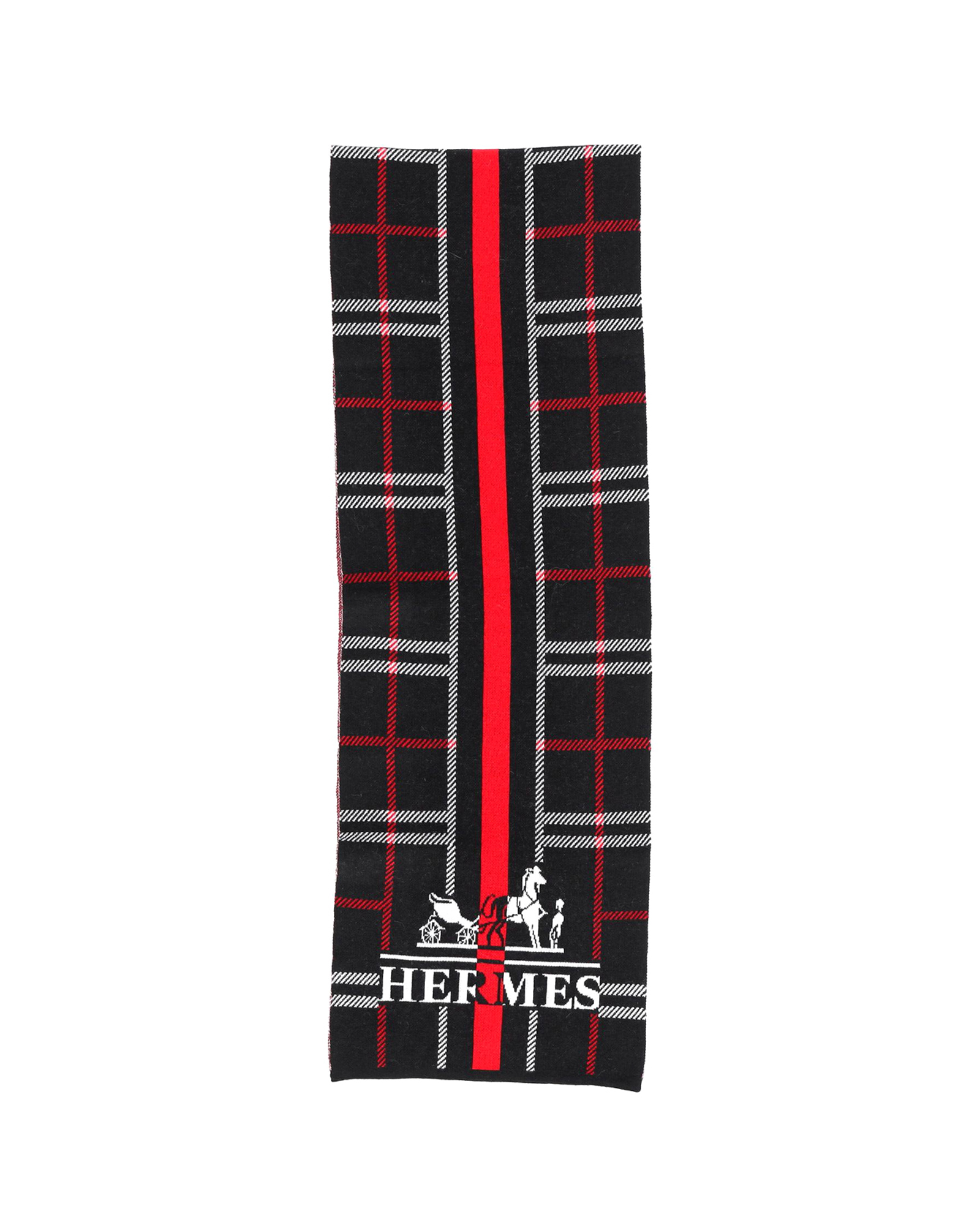 Preowned Hermes Black Check Logo Wool Scarf multicolor