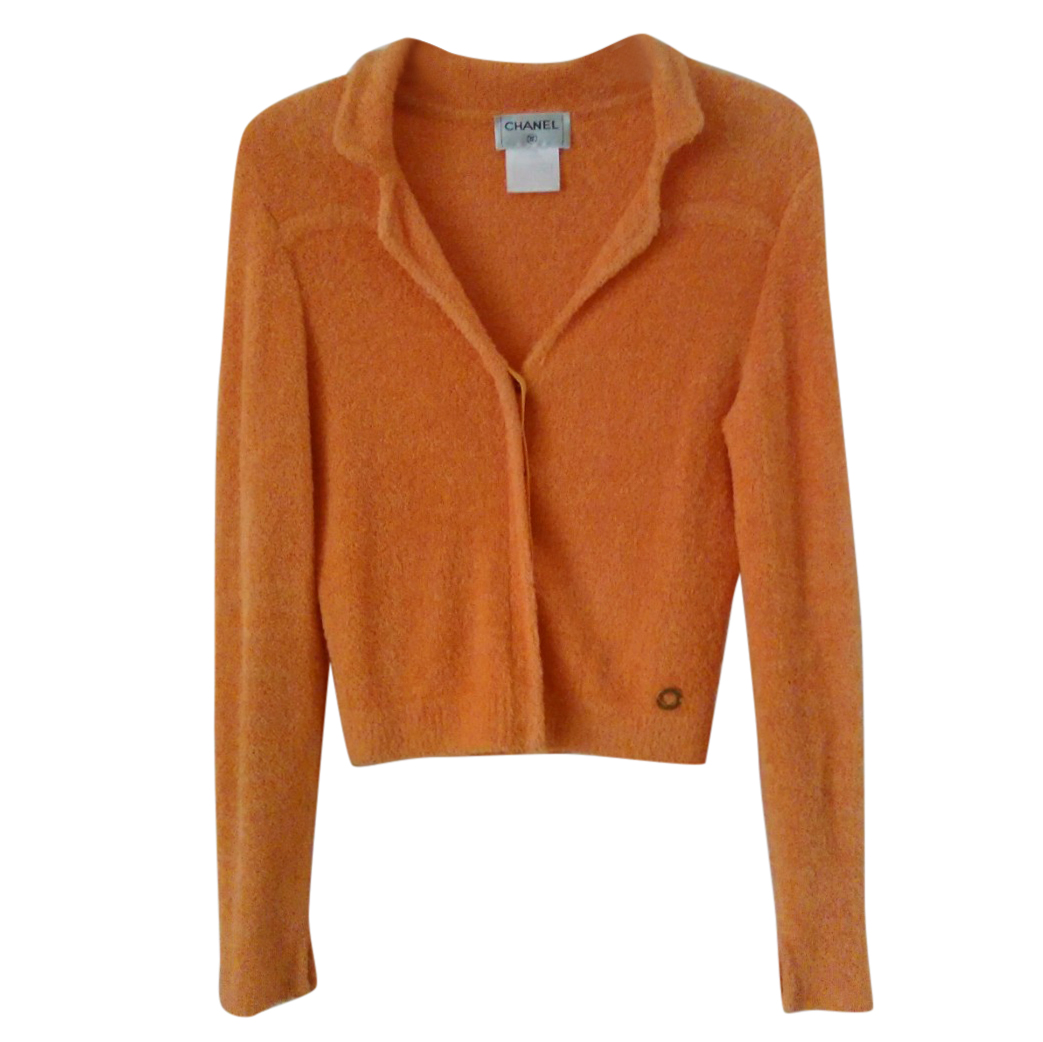 Preowned Chanel Orange Textured Knit Jacket Size XS cotton