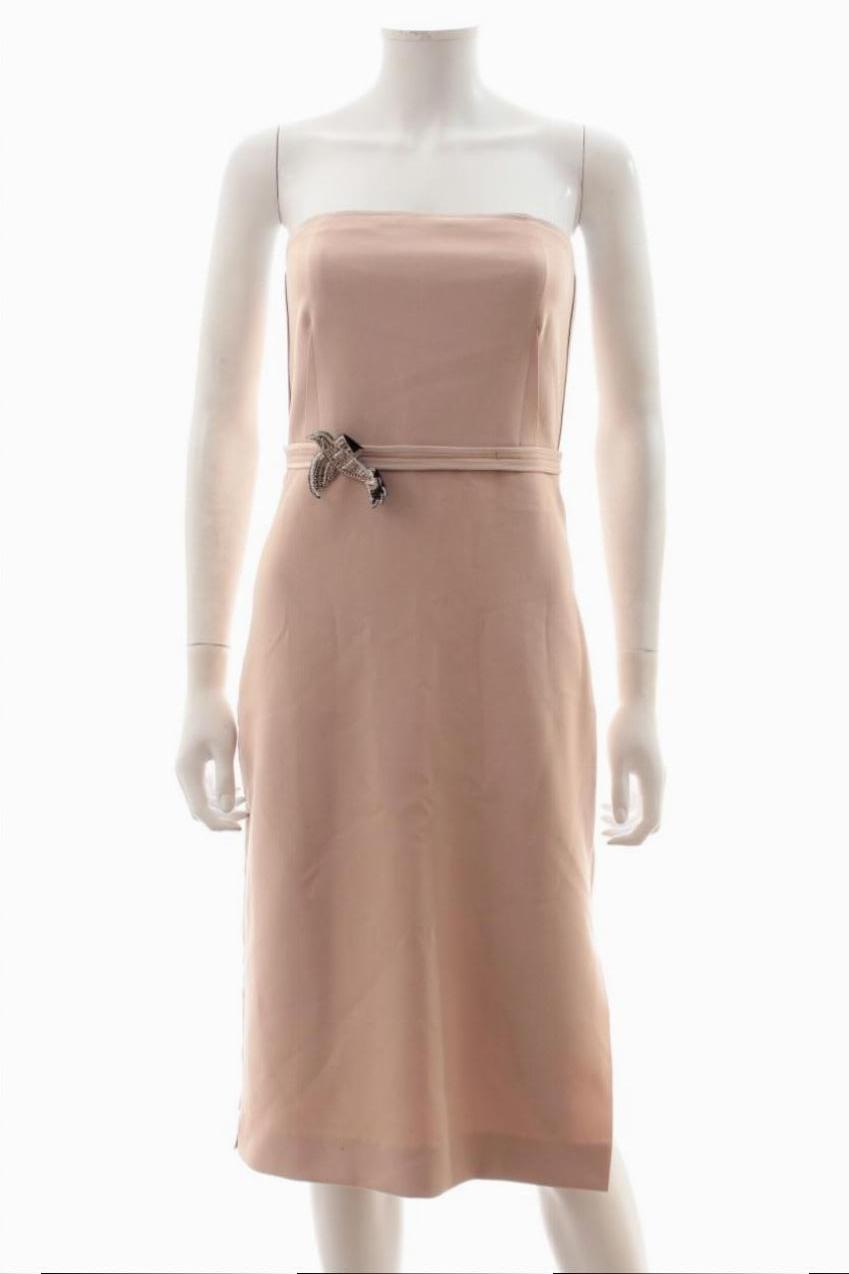 Preowned Elzabeth and James Strapless Satin Midi Dress Size XXS Tan/Brown polyester