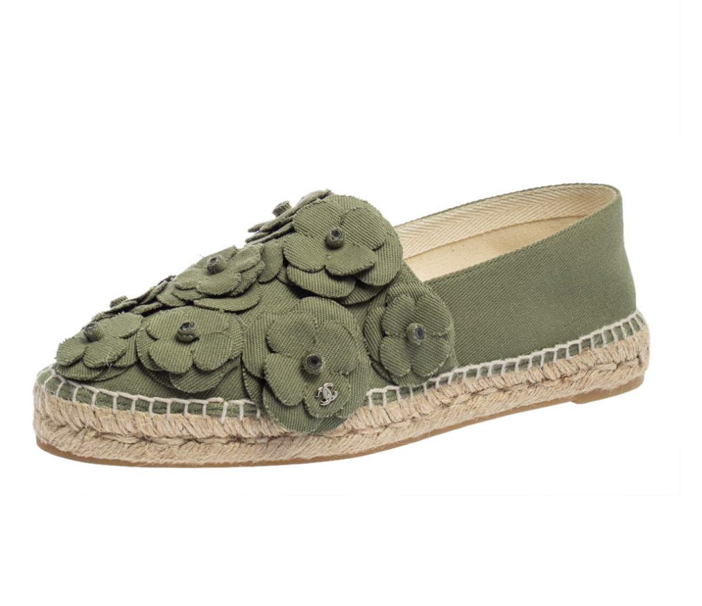 Preowned Chanel Khaki Camellia Espadrilles Size 38 cloth