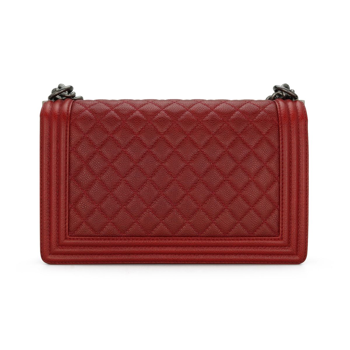 Preowned Chanel Red Caviar Leather Medium Boy Bag Dark Red grained calfskin-caviar