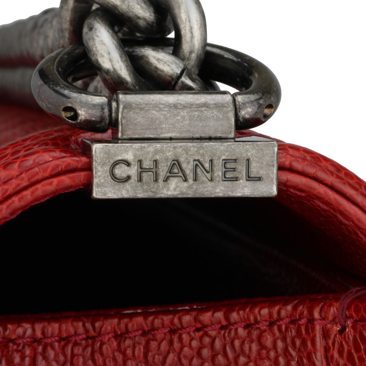 Preowned Chanel Red Caviar Leather Medium Boy Bag Dark Red grained calfskin-caviar