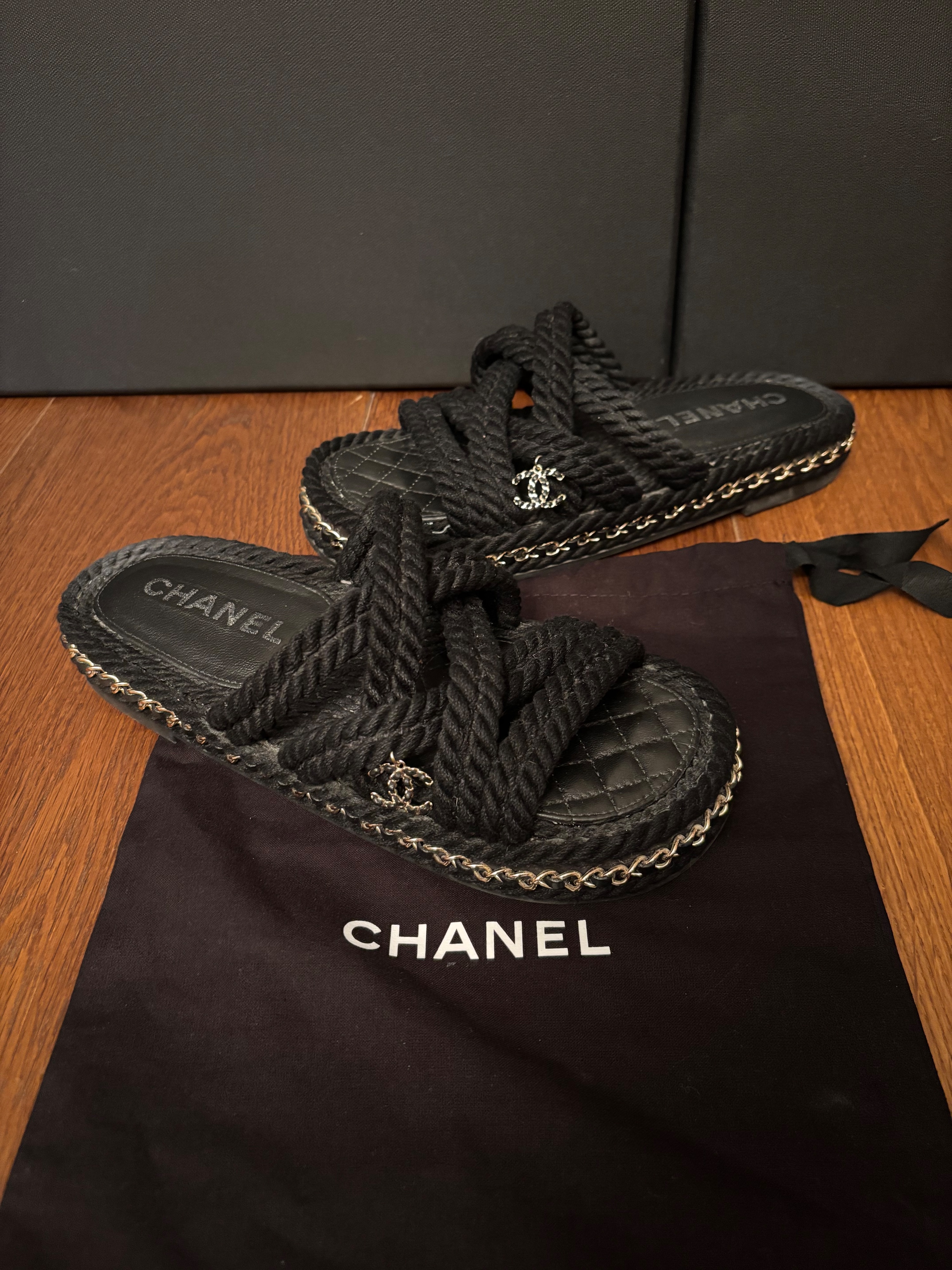 Preowned Chanel Black Chain Embellished Rope Sandals Size 37 leather