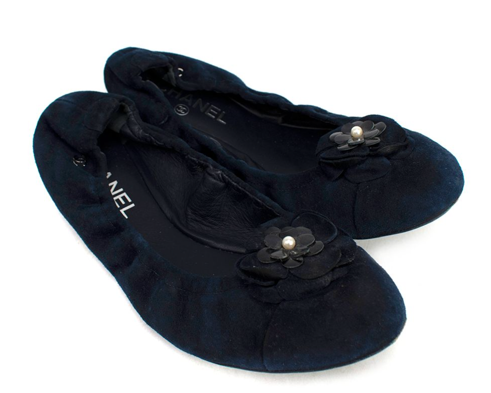 Preowned Chanel Navy Suede Flower Detail Elasticated Ballet Flats Size 405