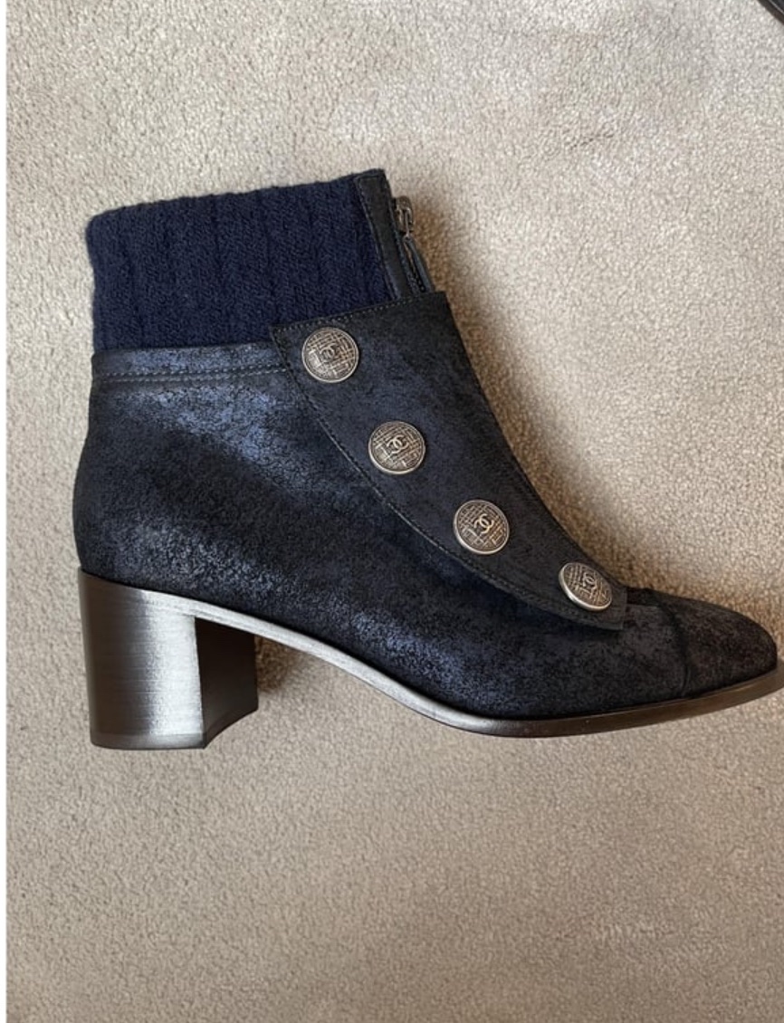 Preowned Chanel Navy and Black Ankle Boots with Button Detail Size 375 Navy blue suede