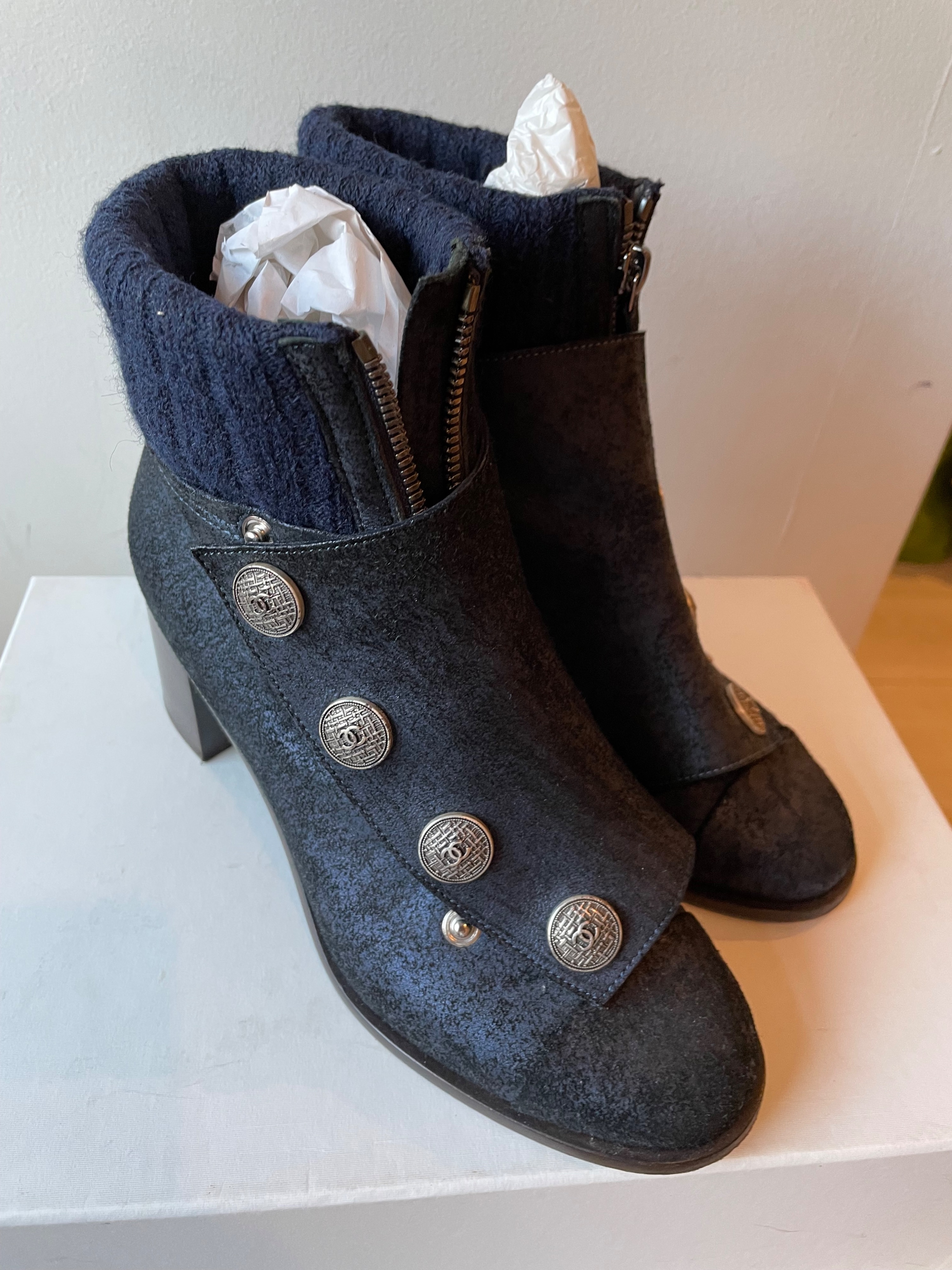 Preowned Chanel Navy and Black Ankle Boots with Button Detail Size 375 Navy blue suede