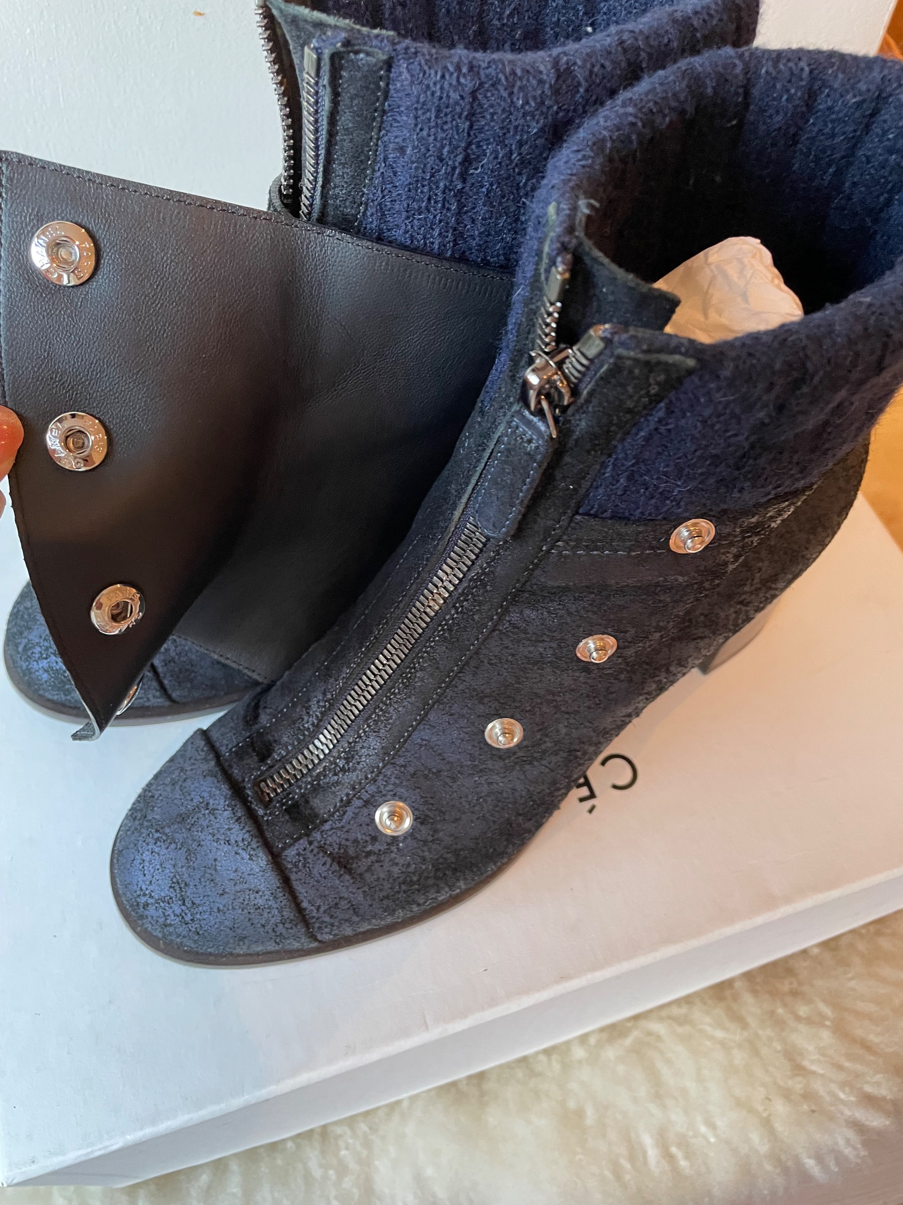 Preowned Chanel Navy and Black Ankle Boots with Button Detail Size 375 Navy blue suede