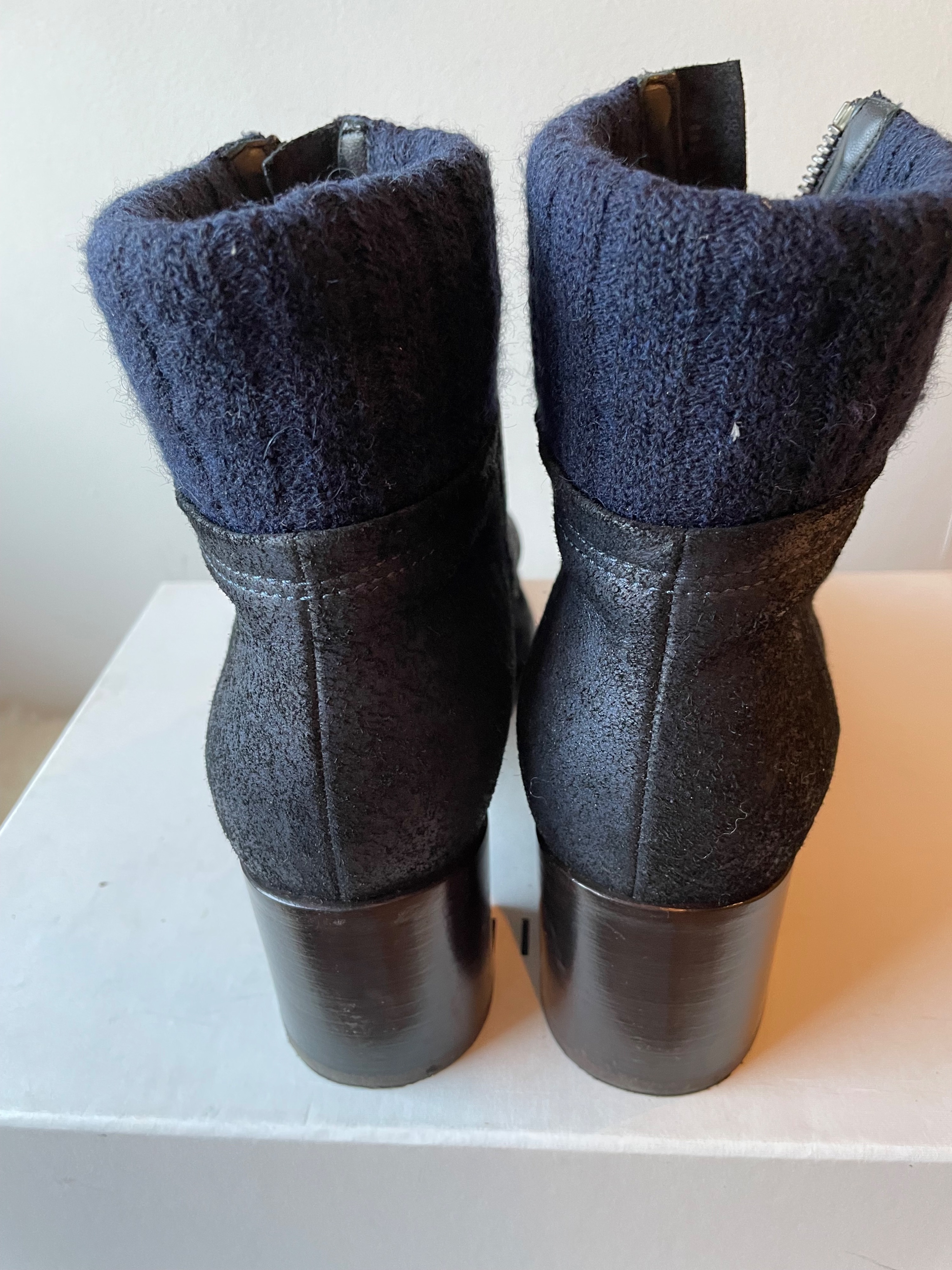 Preowned Chanel Navy and Black Ankle Boots with Button Detail Size 375 Navy blue suede