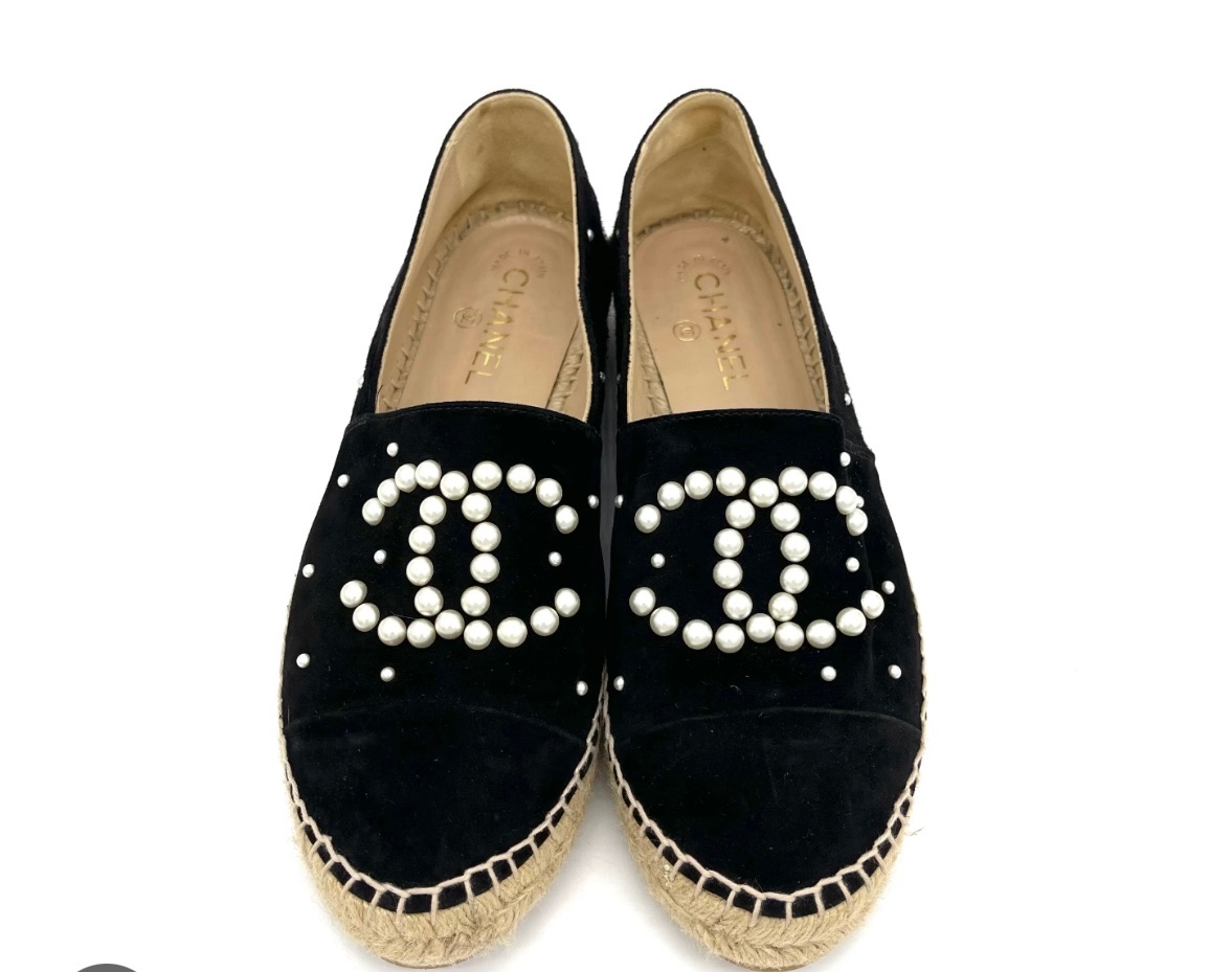 Preowned Chanel Black Suede Pearl Embellished Espadrilles Size 41