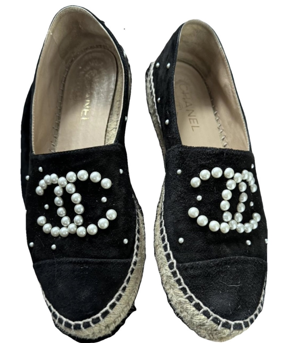 Preowned Chanel Black Suede Pearl Embellished Espadrilles Size 41