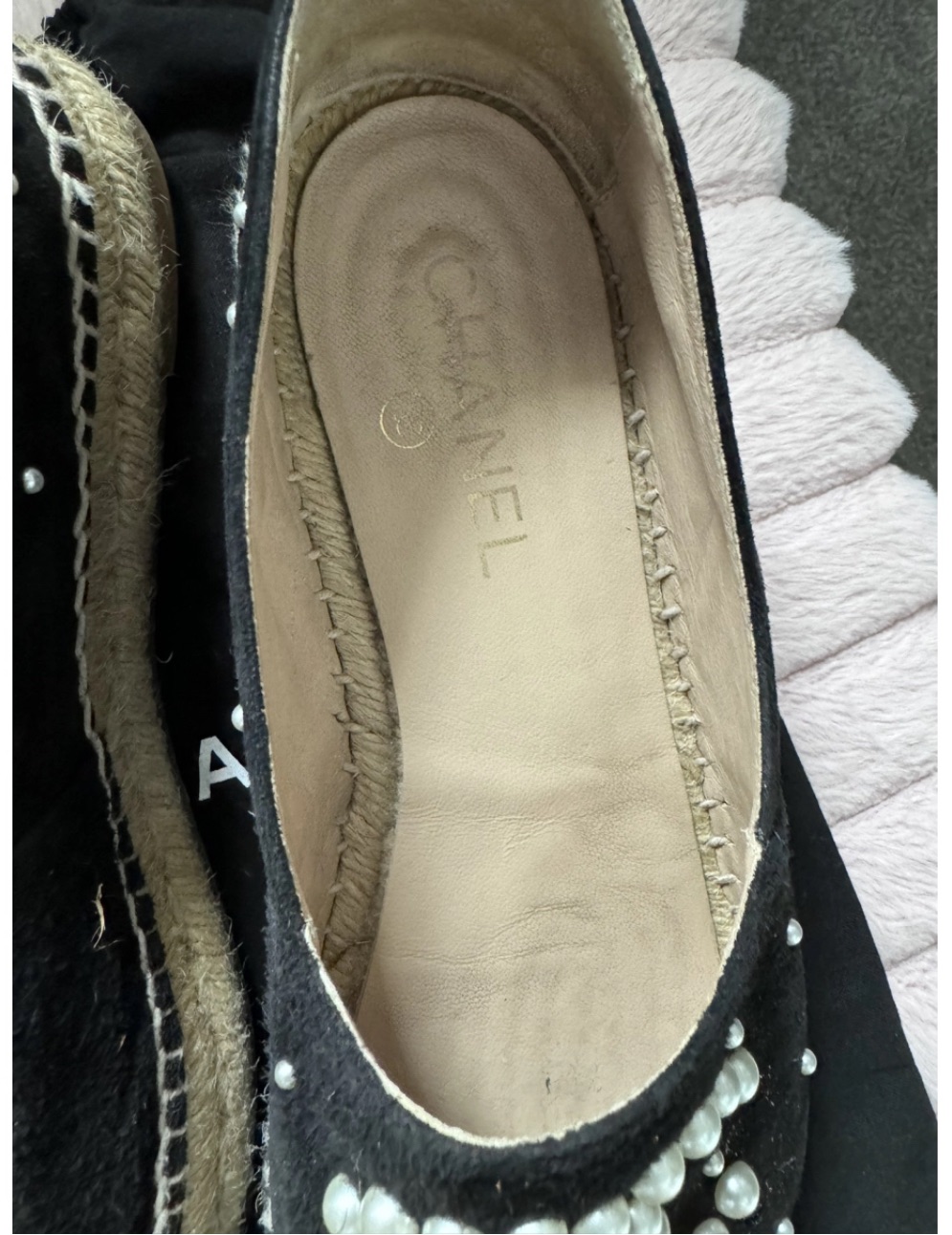 Preowned Chanel Black Suede Pearl Embellished Espadrilles Size 41