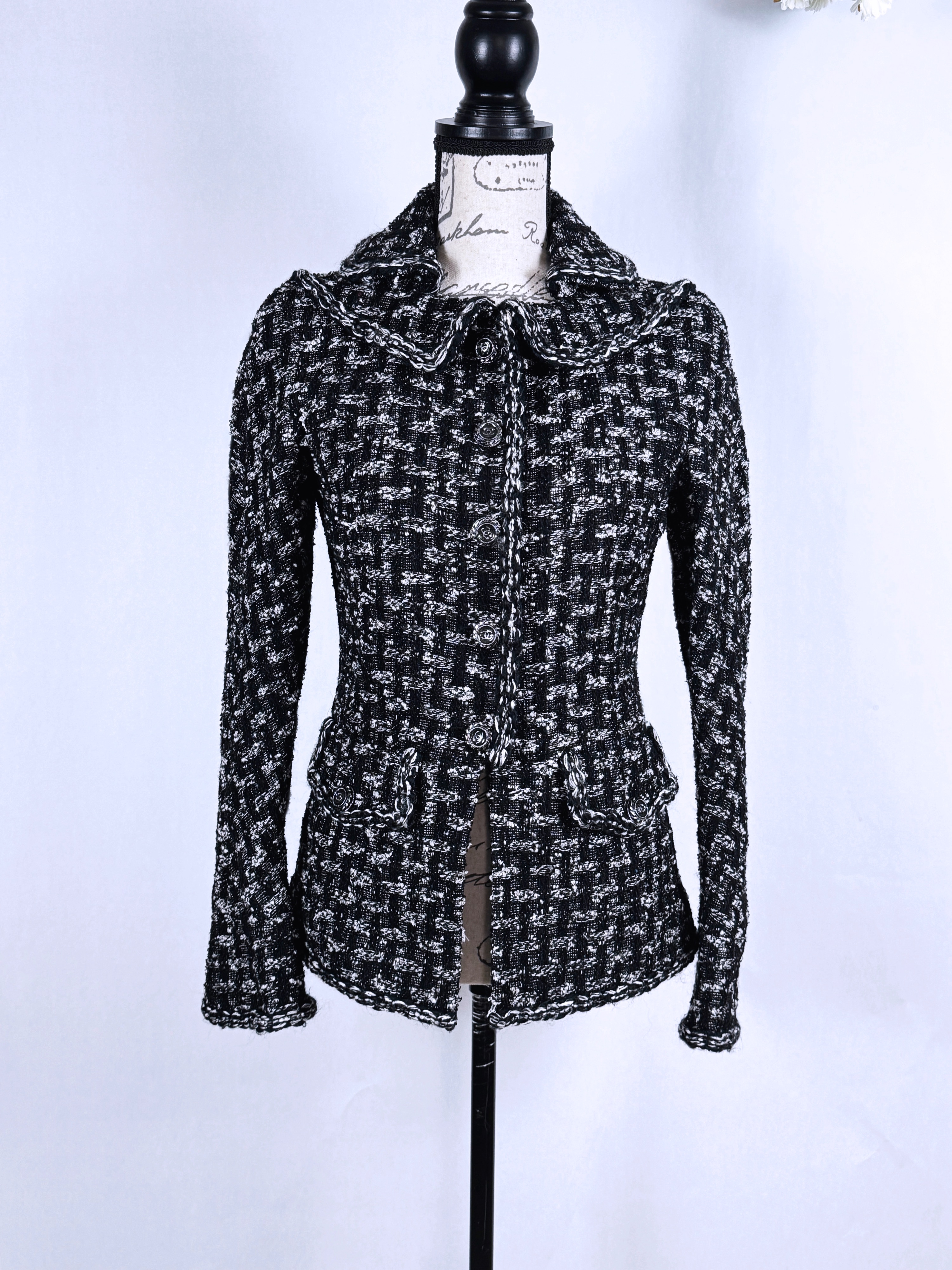 Preowned Chanel Black and White Tweed Jacket with CC Button Detail Size S