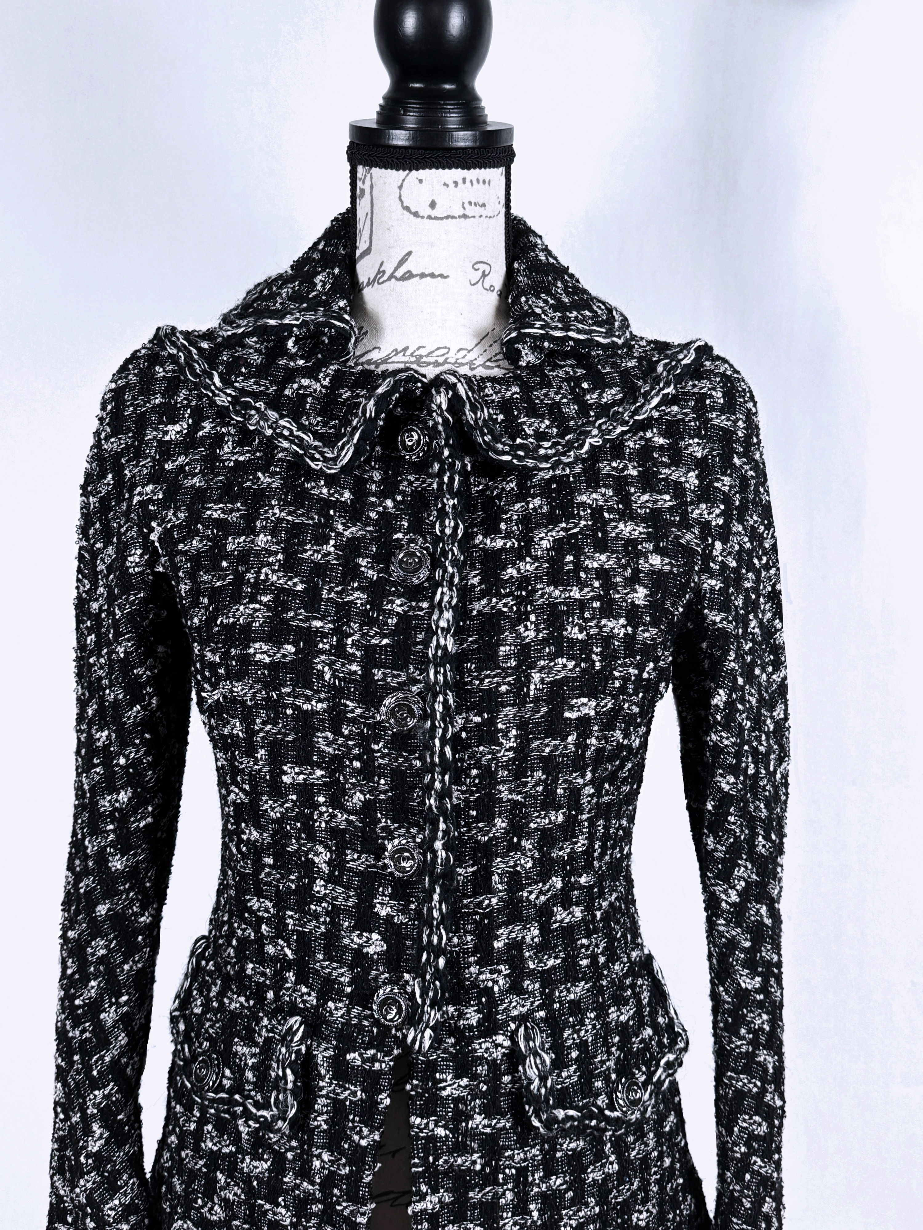 Preowned Chanel Black and White Tweed Jacket with CC Button Detail Size S