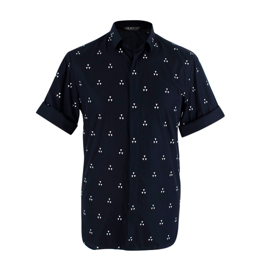 Men's Neil Barrett Navy Cotton Poplin Geometric Print Short Sleeve Shirt Size 145 Blue