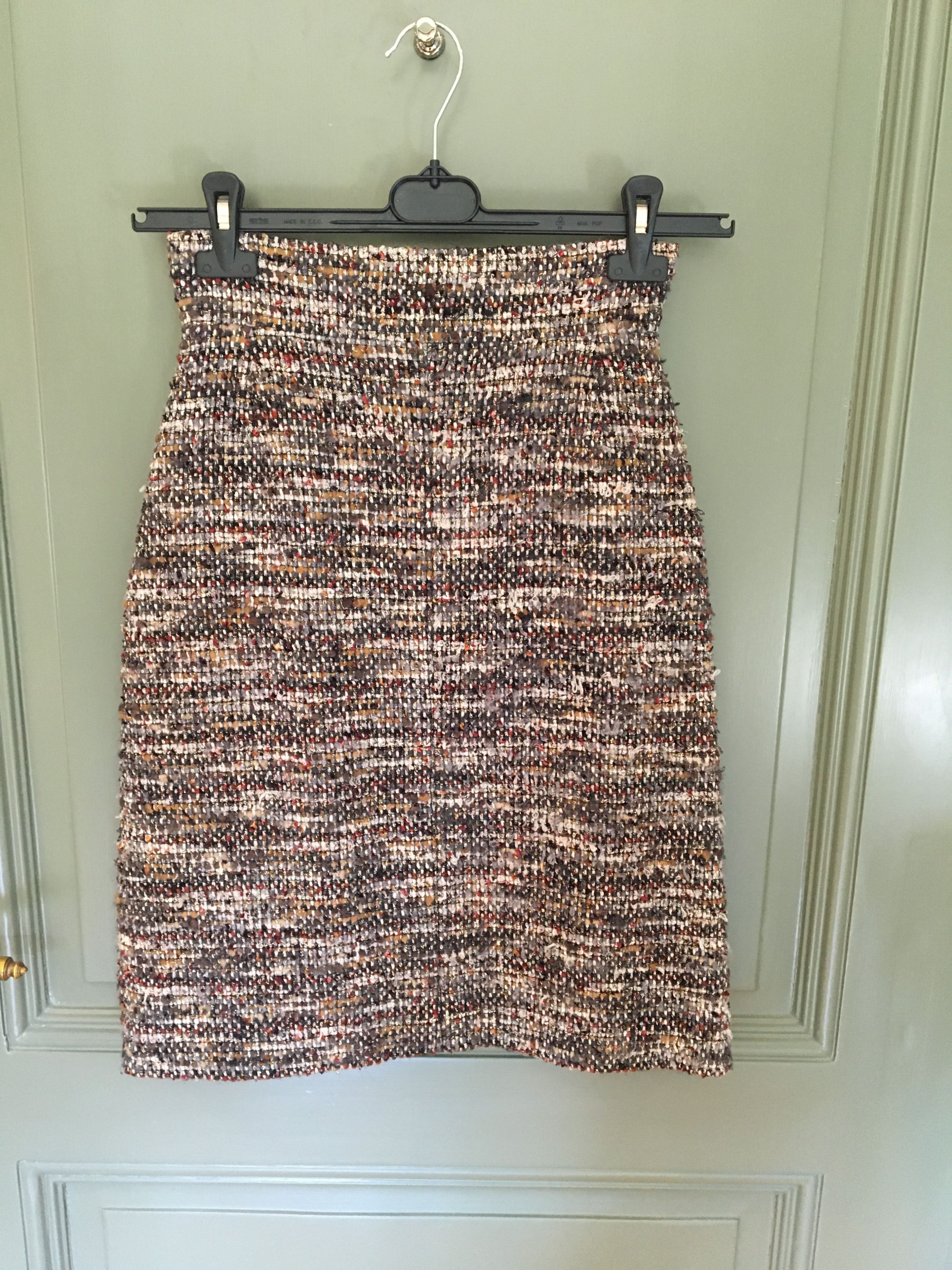 Preowned Chanel Brown Tweed Midi Skirt Size S mixed-brown, red, grey, white, orange mixed