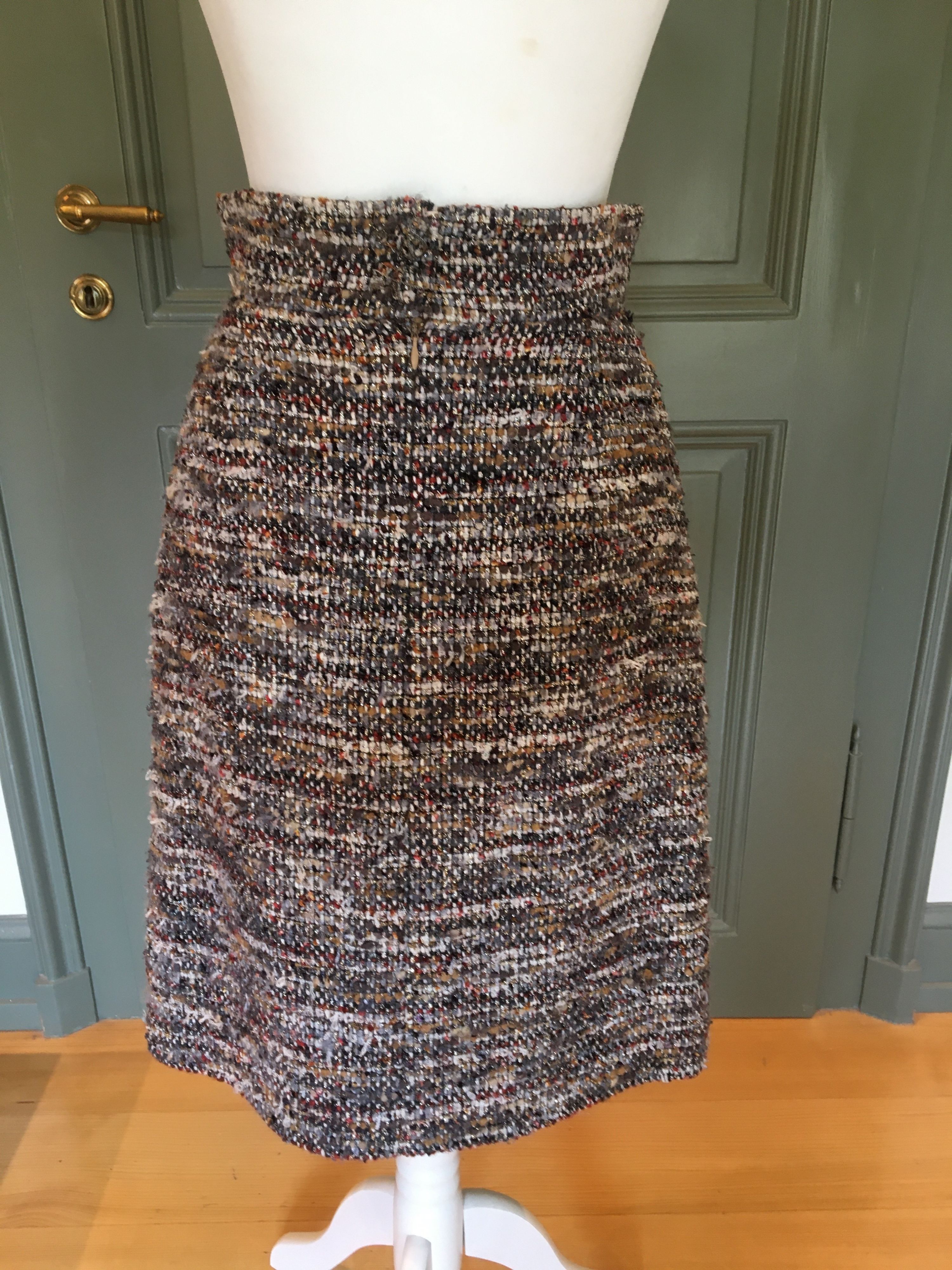 Preowned Chanel Brown Tweed Midi Skirt Size S mixed-brown, red, grey, white, orange mixed