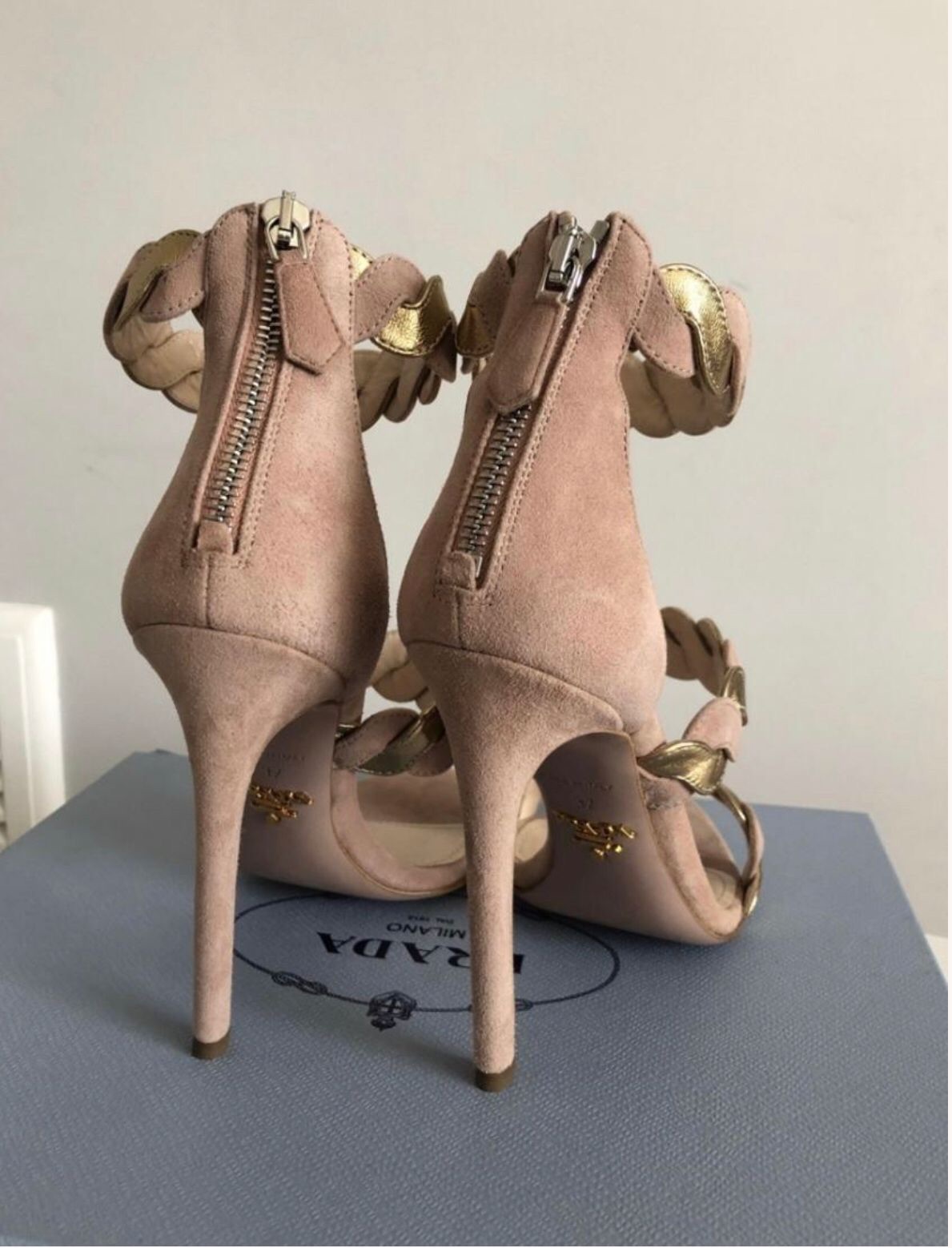 Prada Nude/Gold Woven Leather  Suede Sandals Size 37 Nude and gold