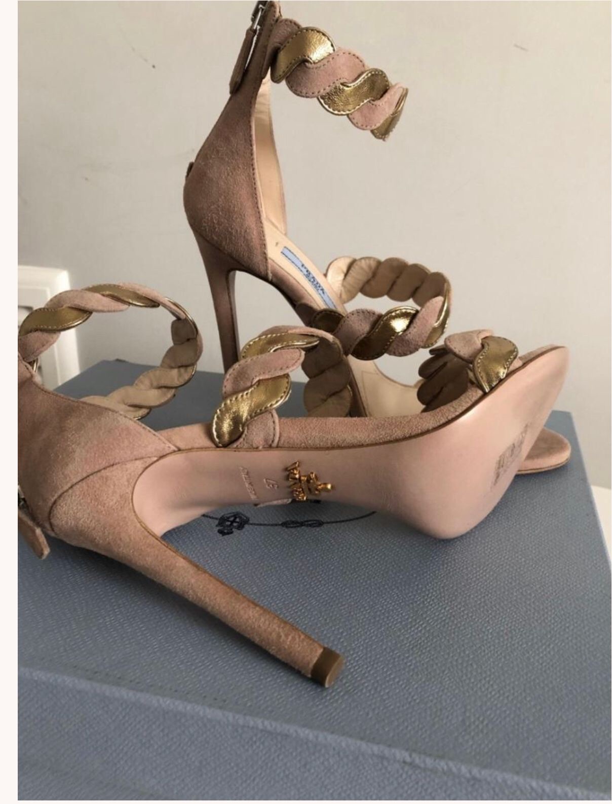 Prada Nude/Gold Woven Leather  Suede Sandals Size 37 Nude and gold