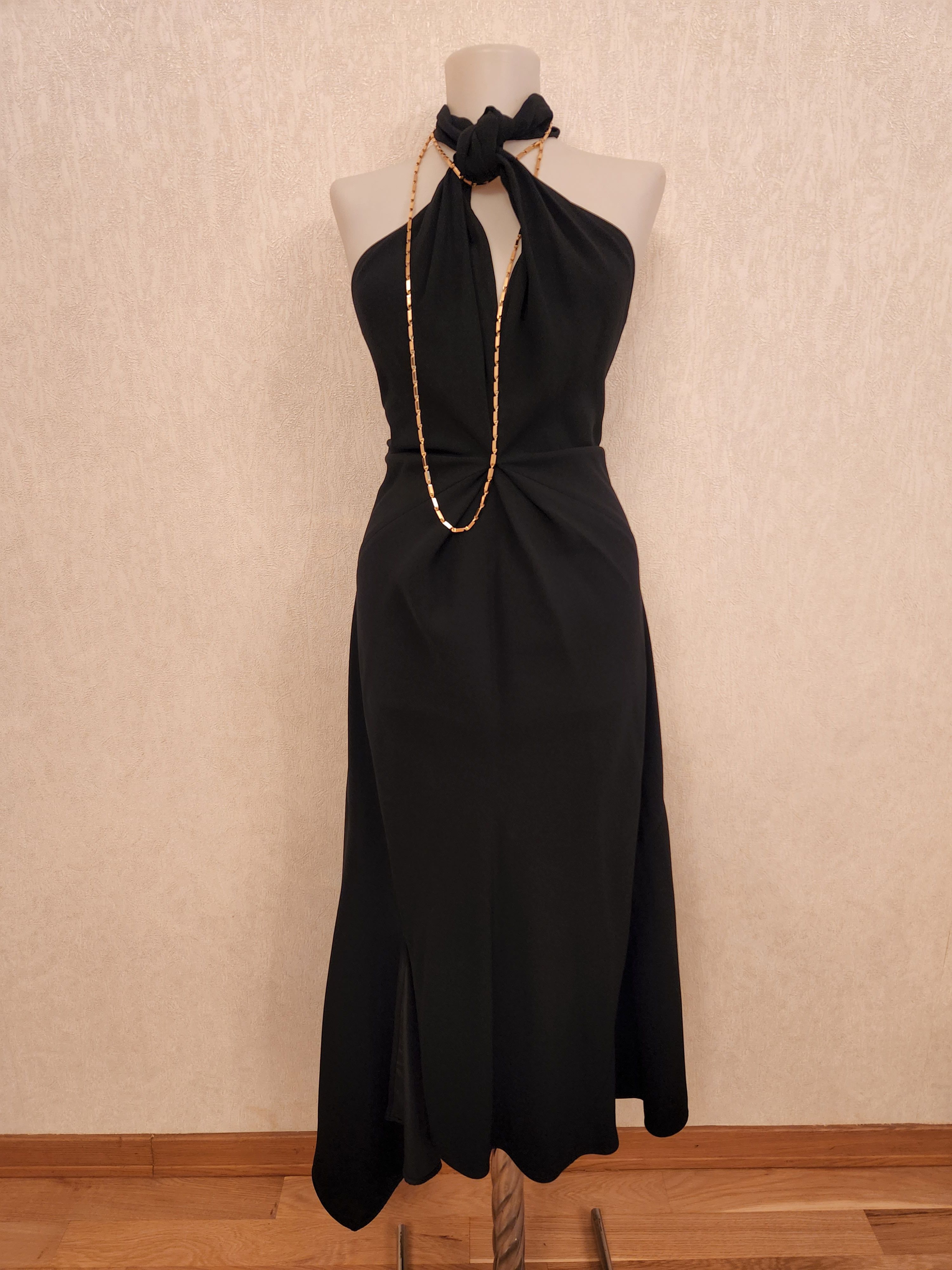 Preowned Victoria Beckham Black Crepe Chain Detail Asymmetric Midi Dress Size S viscose