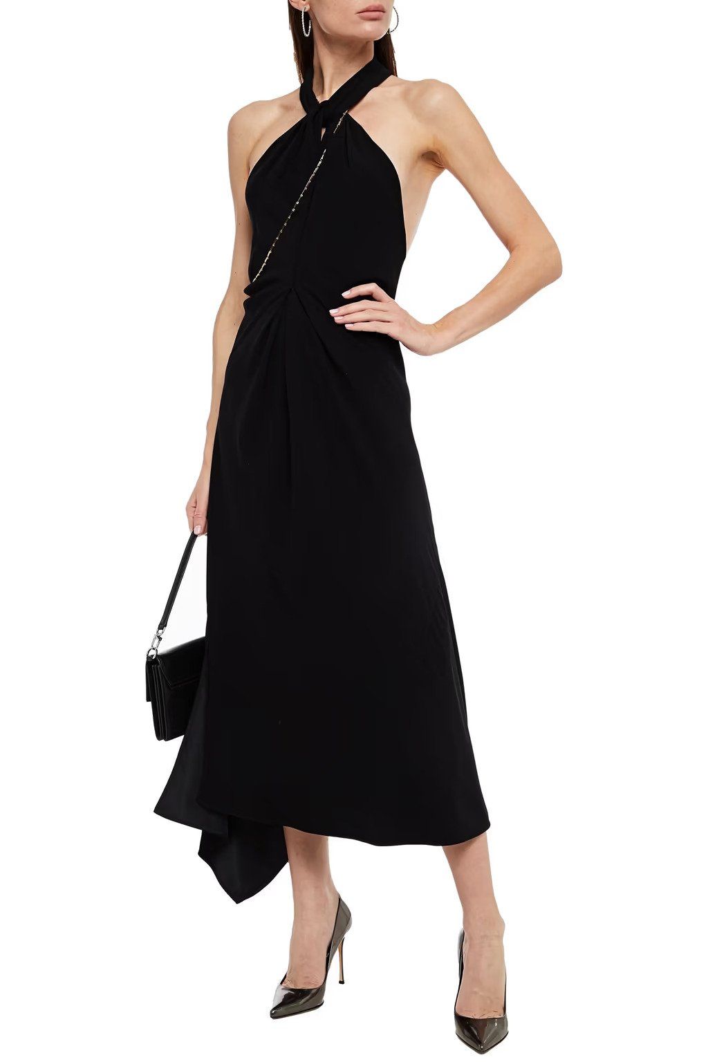 Preowned Victoria Beckham Black Crepe Chain Detail Asymmetric Midi Dress Size S viscose