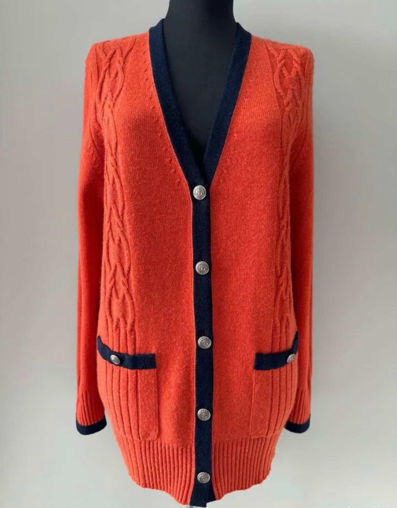 Chanel Paris/Hamburg Orange  Blue Cashmere Longline Cardigan Size S