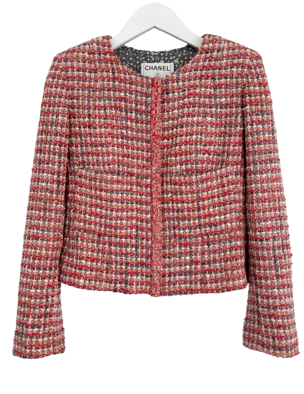 Preowned Chanel Red/Pink/Cream Silk Lesage Tweed Jacket Size M Red Multi cotton/silk/linen