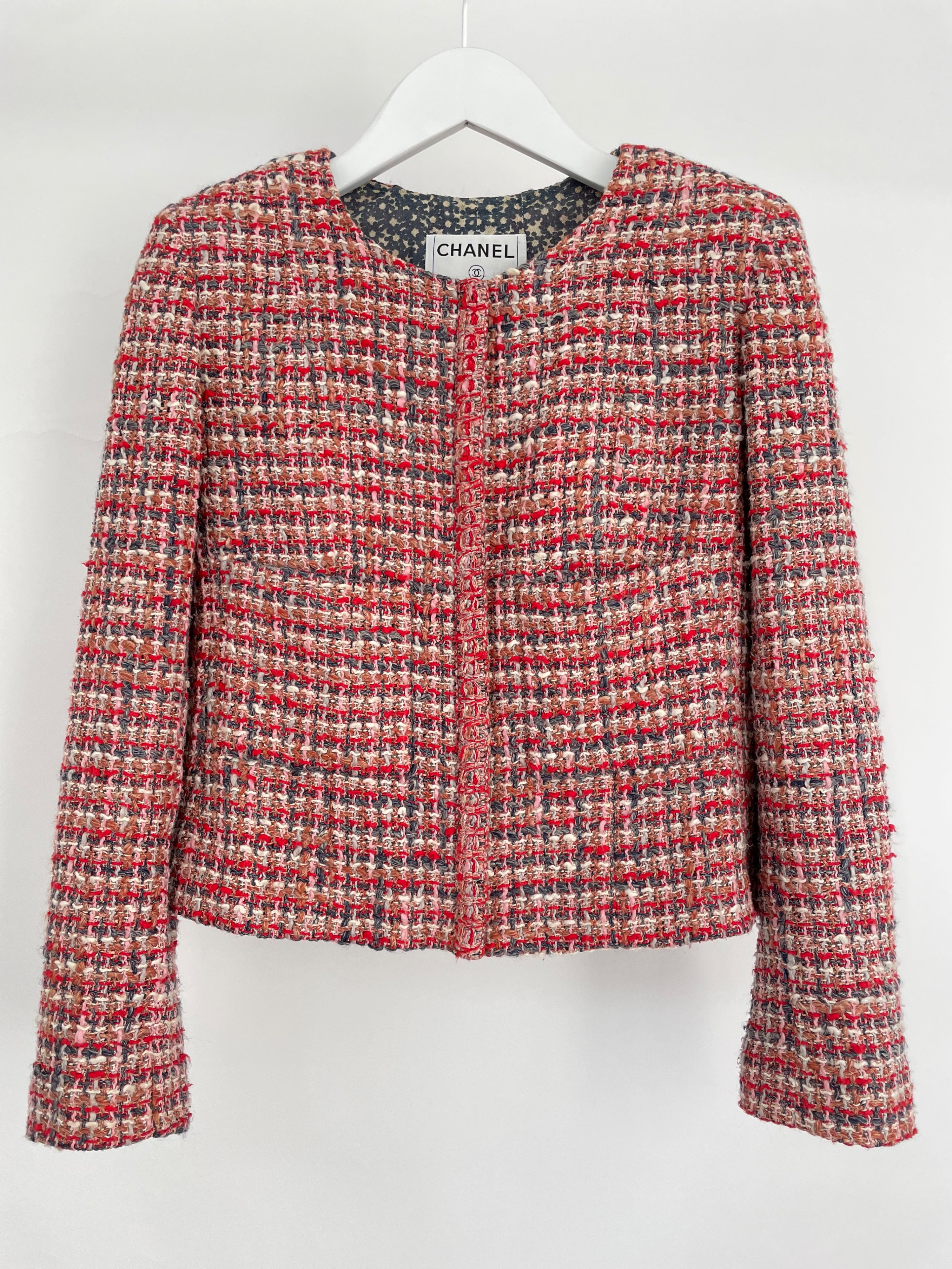 Preowned Chanel Red/Pink/Cream Silk Lesage Tweed Jacket Size M Red Multi cotton/silk/linen